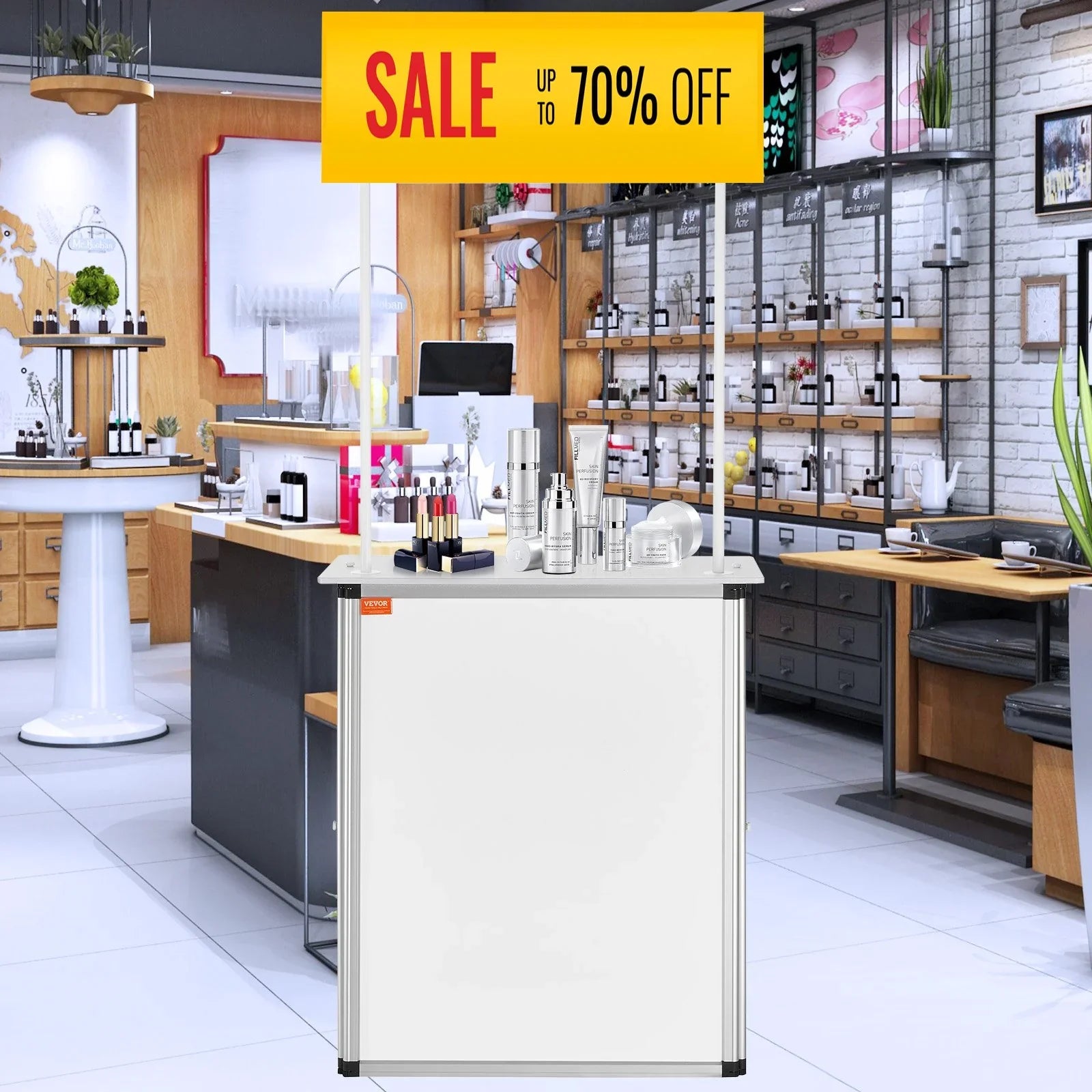 Portable Tradeshow Podium Table, 785 x 380 x 1815 mm, Display Exhibition Counter Stand Booth Fair with Wall, Foldable Promotion Retail Bar Table Pop Up Podium with Storage Rack/Carrying Bag
