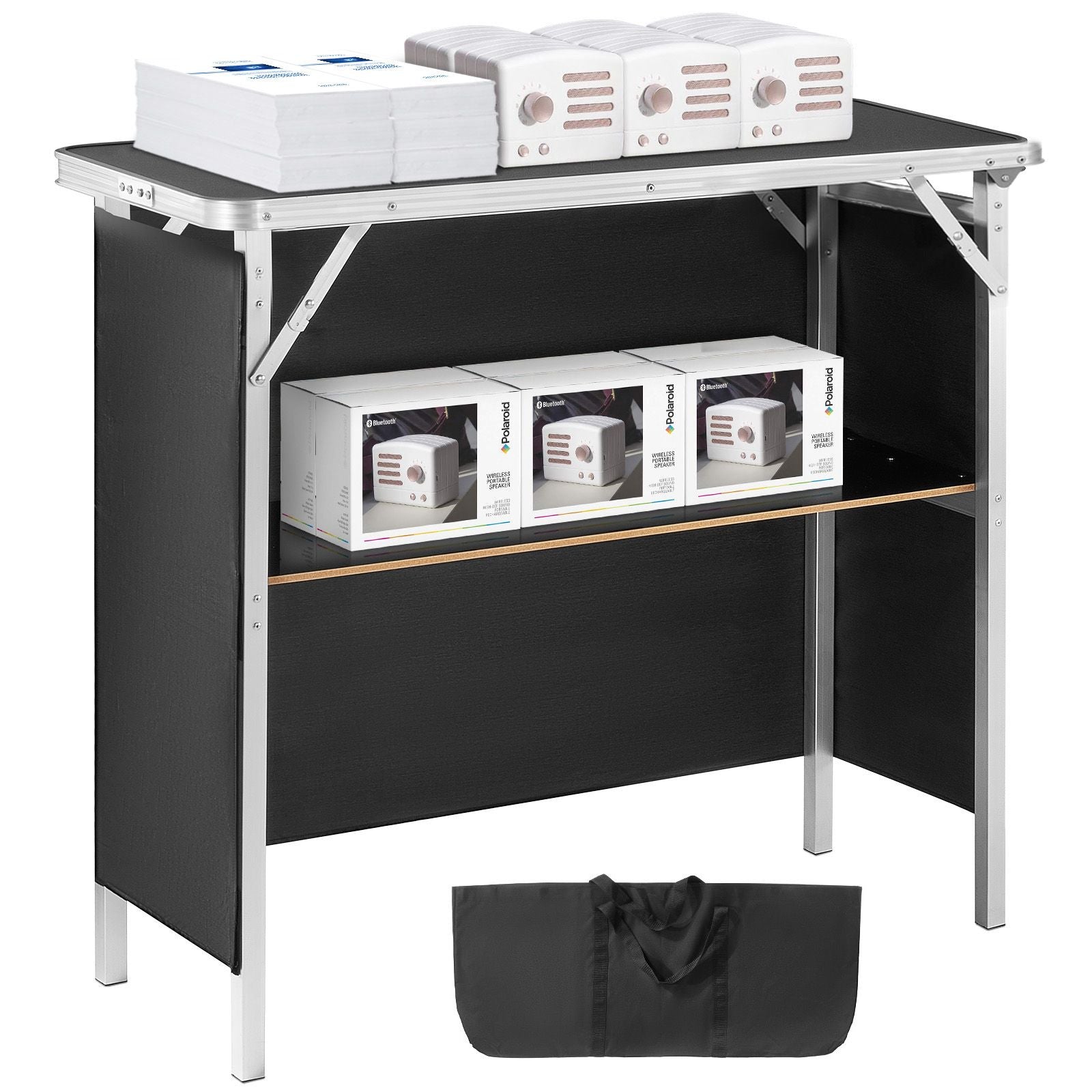 Folding Portable Bar Table, Tradeshow Podium Table for Indoor, Outdoor, Party, Picnic, Exhibition, Includes Carrying Case, Storage Shelf and Black Skirt, 38.39