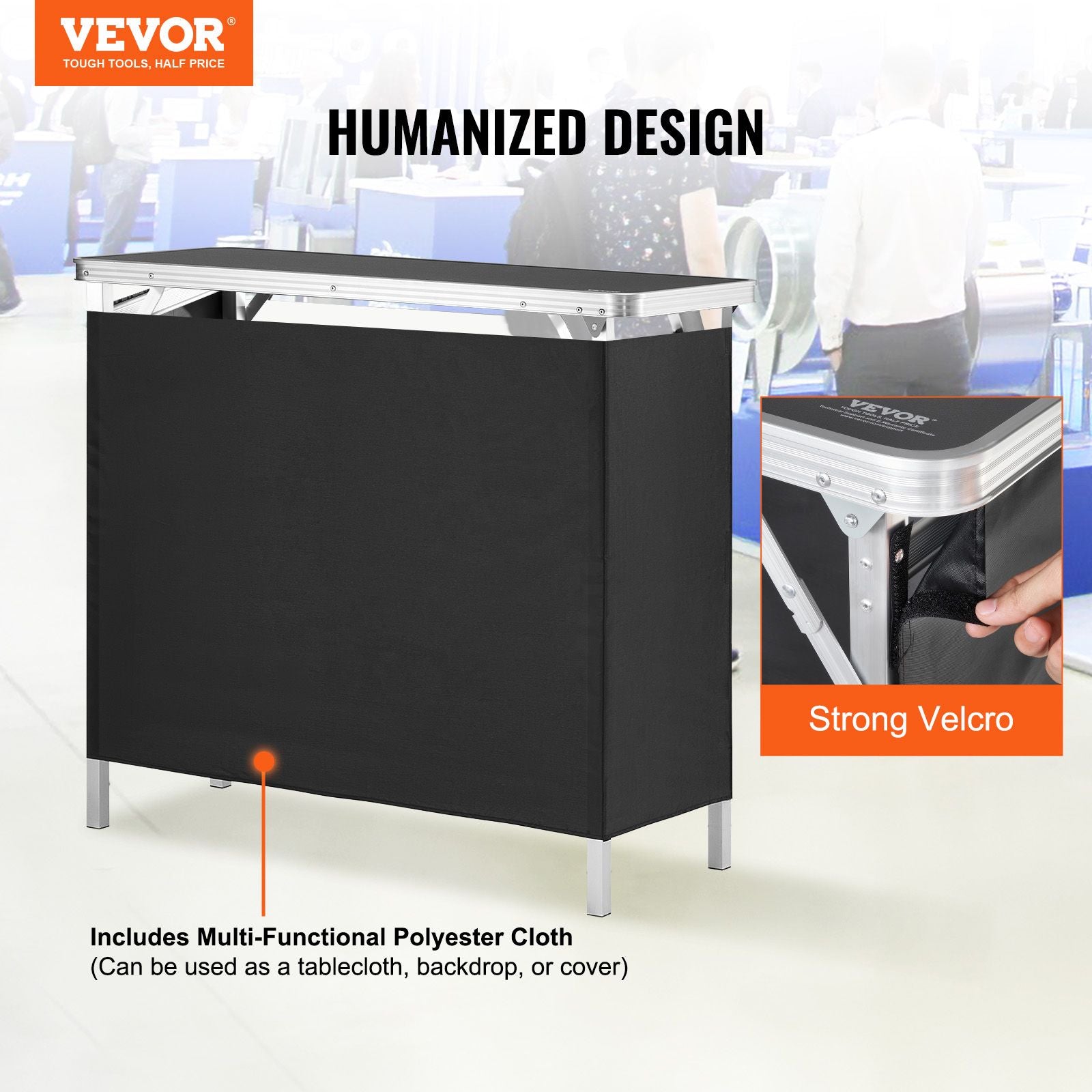 Folding Portable Bar Table, Tradeshow Podium Table for Indoor, Outdoor, Party, Picnic, Exhibition, Includes Carrying Case, Storage Shelf and Black Skirt, 38.39