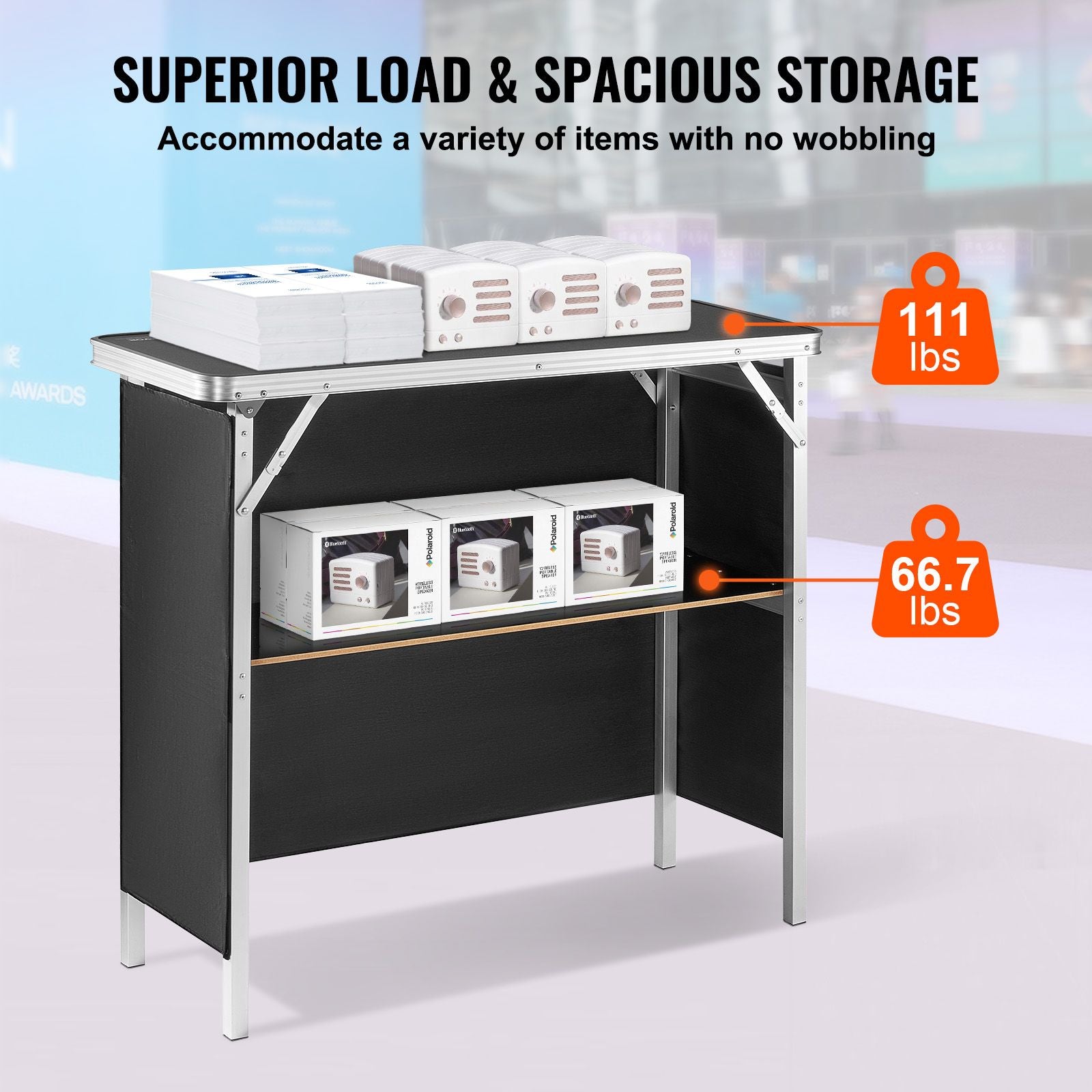 Folding Portable Bar Table, Tradeshow Podium Table for Indoor, Outdoor, Party, Picnic, Exhibition, Includes Carrying Case, Storage Shelf and Black Skirt, 38.39