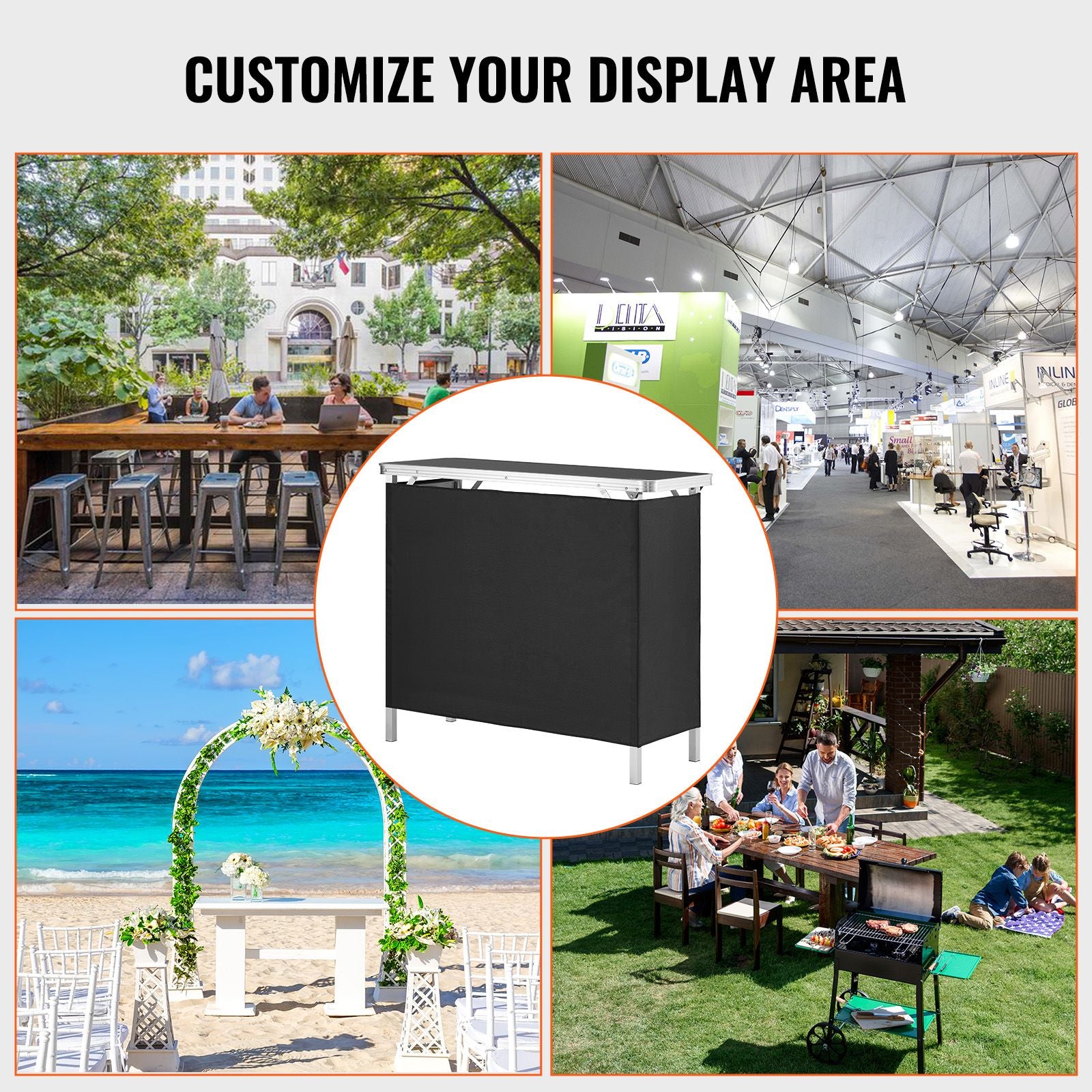 Folding Portable Bar Table, Tradeshow Podium Table for Indoor, Outdoor, Party, Picnic, Exhibition, Includes Carrying Case, Storage Shelf and Black Skirt, 38.39