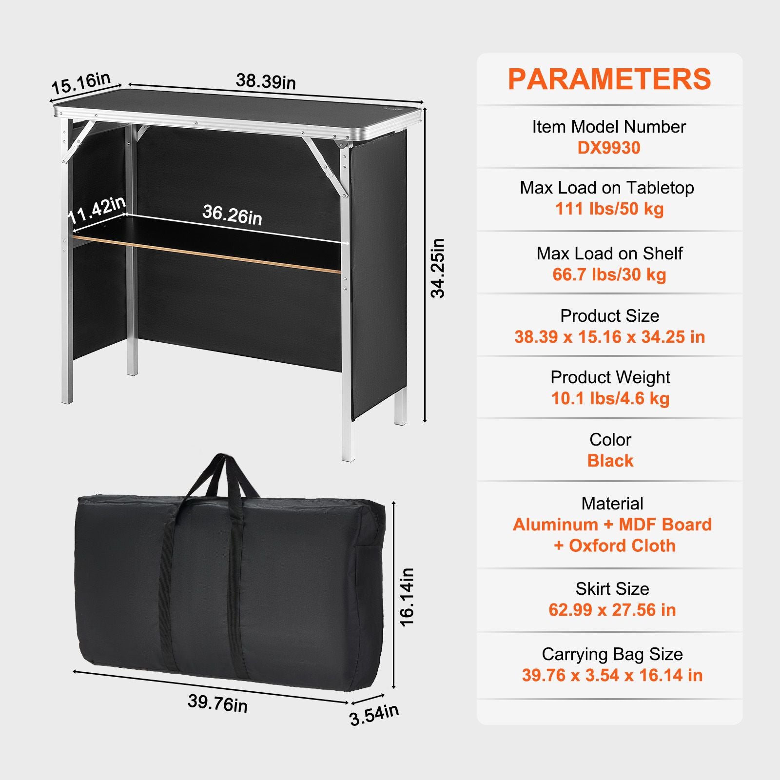 Folding Portable Bar Table, Tradeshow Podium Table for Indoor, Outdoor, Party, Picnic, Exhibition, Includes Carrying Case, Storage Shelf and Black Skirt, 38.39
