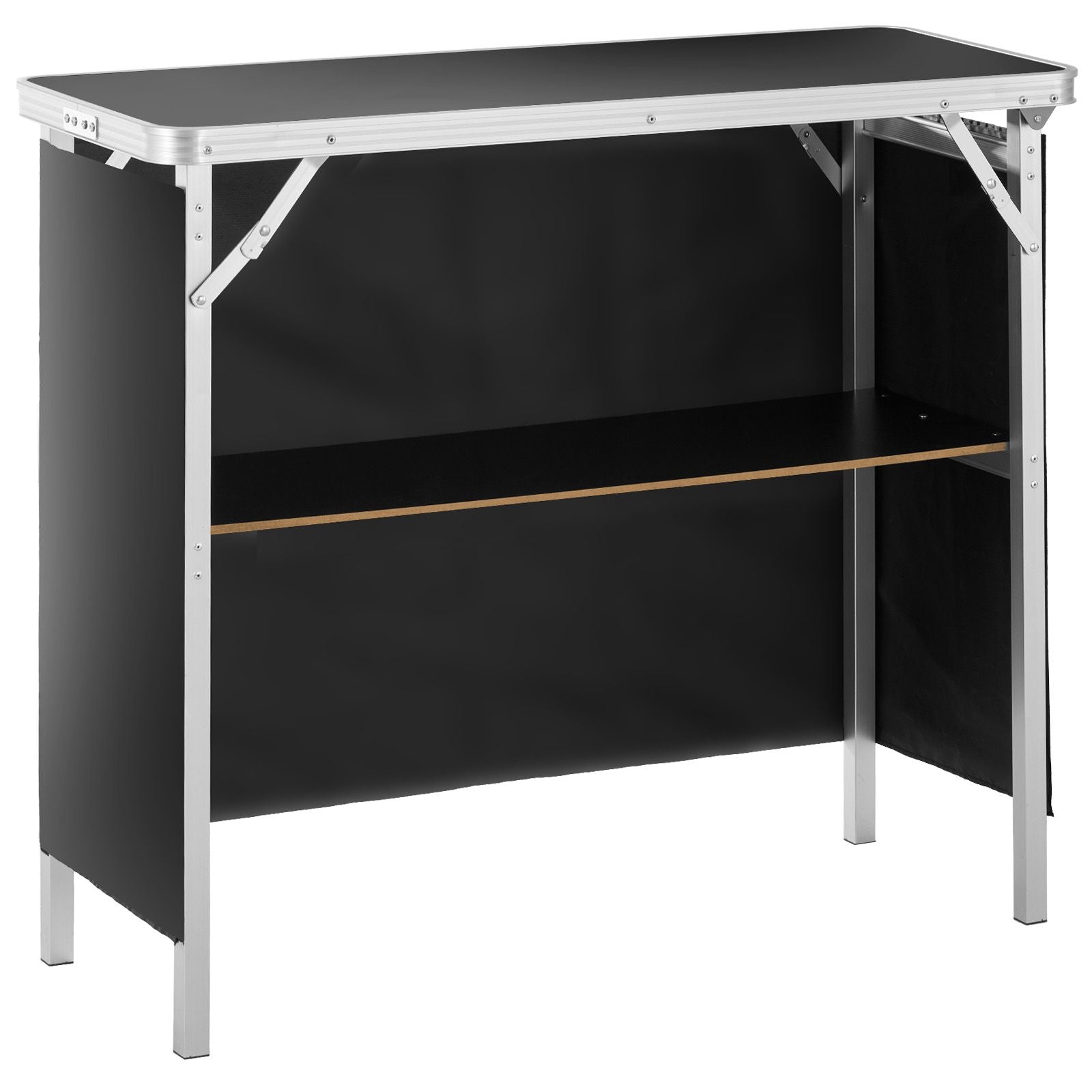 Folding Portable Bar Table, Tradeshow Podium Table for Indoor, Outdoor, Party, Picnic, Exhibition, Includes Carrying Case, Storage Shelf and Black Skirt, 38.39