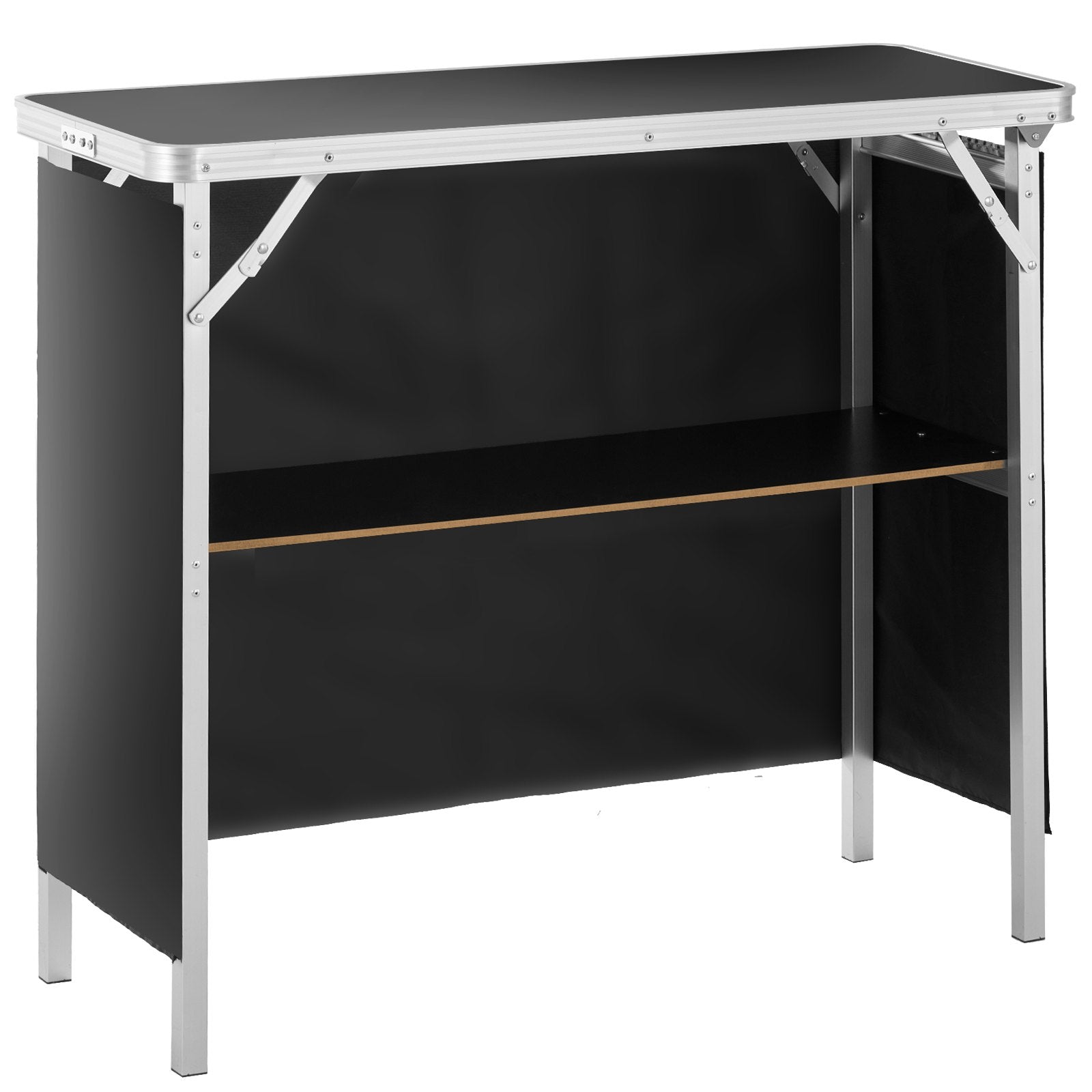 Folding Portable Bar Table, Tradeshow Podium Table for Indoor, Outdoor, Party, Picnic, Exhibition, Includes Carrying Case, Storage Shelf and Black Skirt, 38.39
