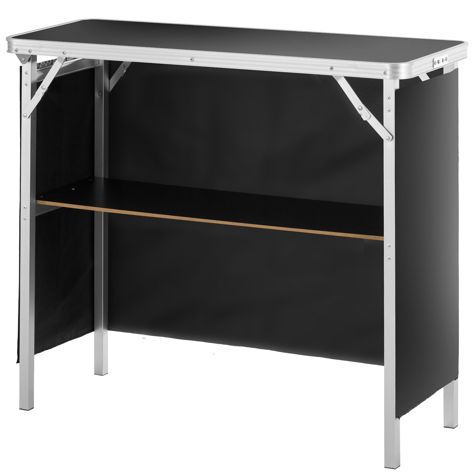 Folding Portable Bar Table, Tradeshow Podium Table for Indoor, Outdoor, Party, Picnic, Exhibition, Includes Carrying Case, Storage Shelf and Black Skirt, 38.39