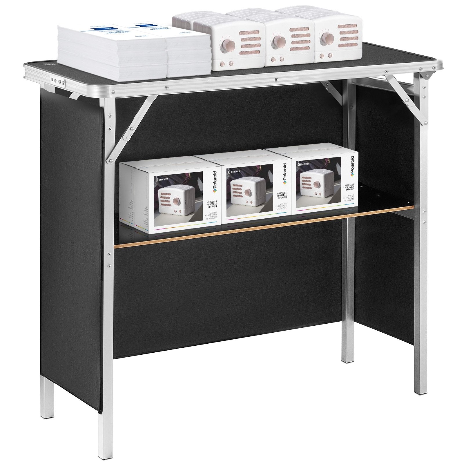 Folding Portable Bar Table, Tradeshow Podium Table for Indoor, Outdoor, Party, Picnic, Exhibition, Includes Carrying Case, Storage Shelf and Black Skirt, 38.39
