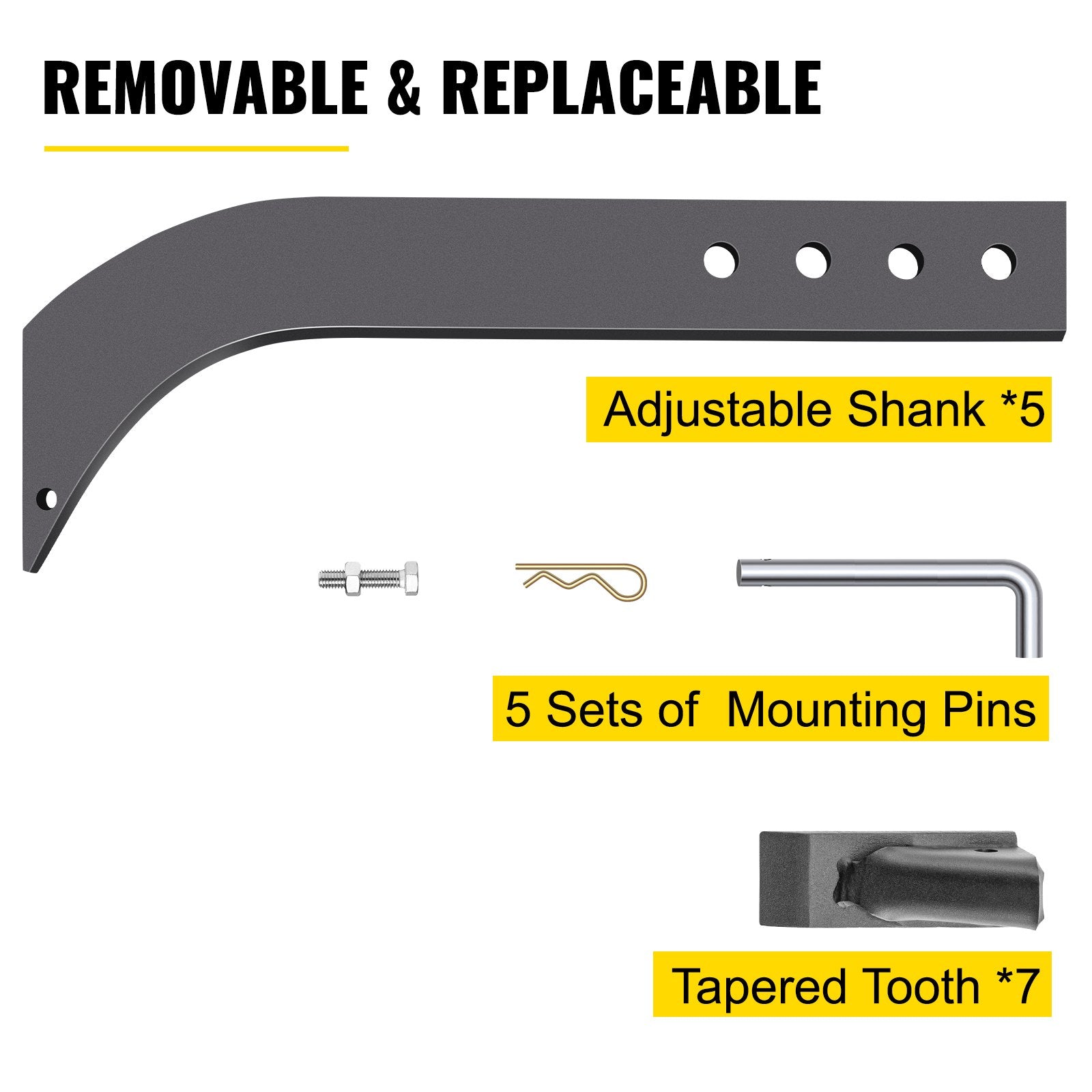 Box Blade Shank, 46.4cm Scarifier Shank, 4 Holes Box Scraper Shank, Ripper Shank with Removable Tapered Teeth and Pins, Adjustable Shanks Assembly for Replacement, Digging, Plowing, 5PCS