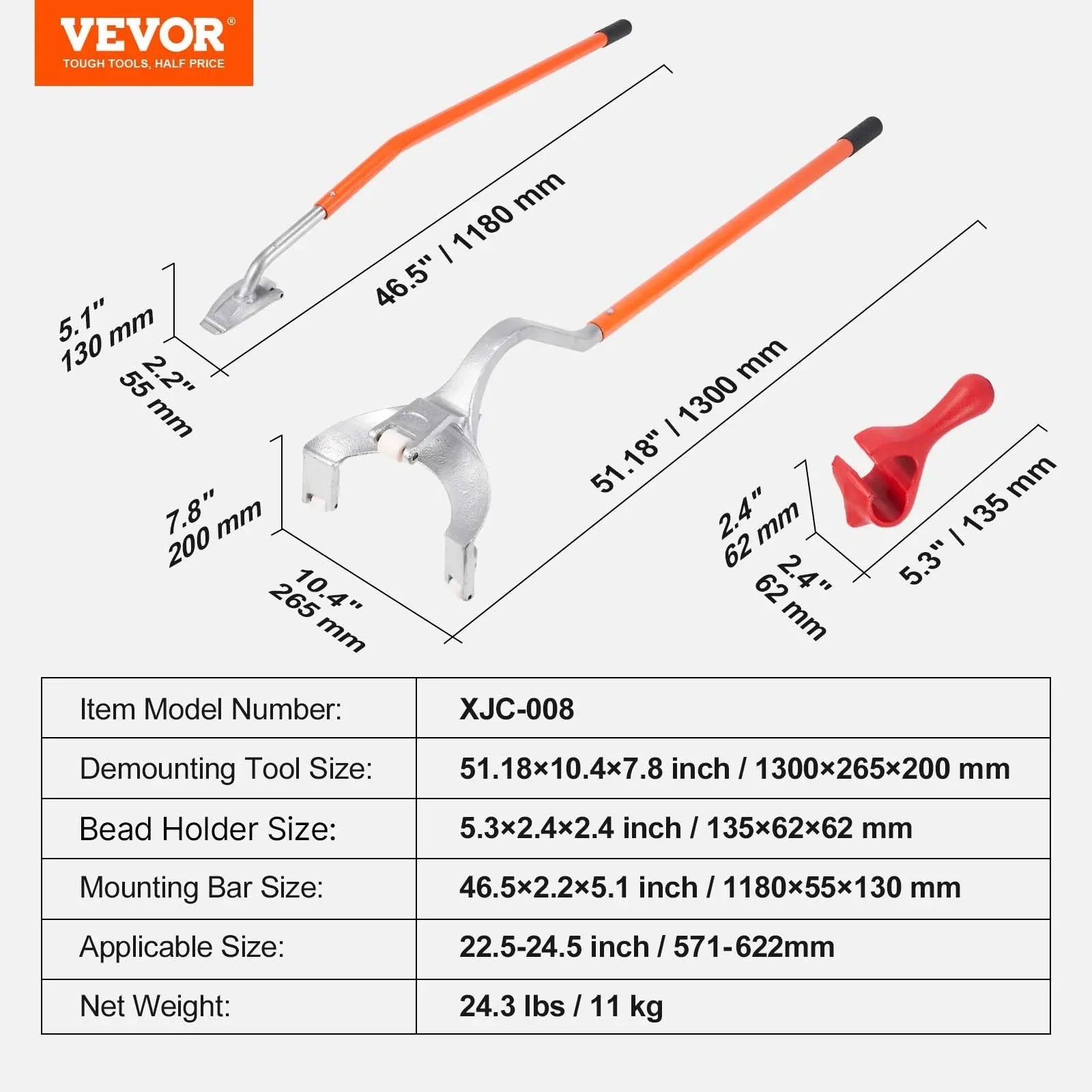 Tire Mount Demount Tool, 571-622 mm Manual Steel Tire Changer Mount Demount Removal Tool, with Extra Bead Holder, Tubeless Truck Bead Breaker, 3 PCS Tire Changing Tools, Orange