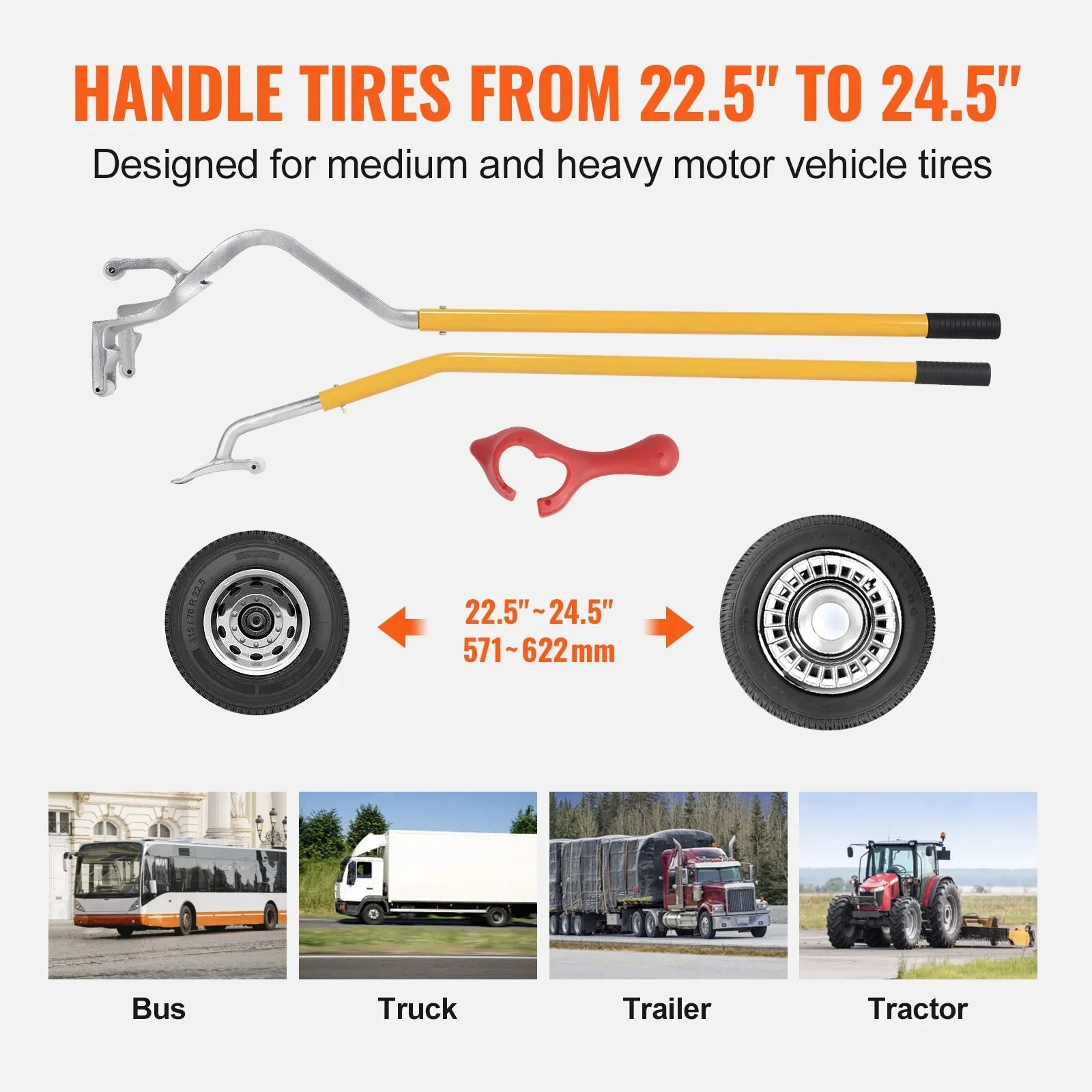 Tire Mount Demount Tool, 571- 622 mm Manual Steel Tire Changer Mount Demount Removal Tool, with Extra Bead Holder, Tubeless Truck Bead Breaker, 3 PCS Tire Changing Tools, Orange