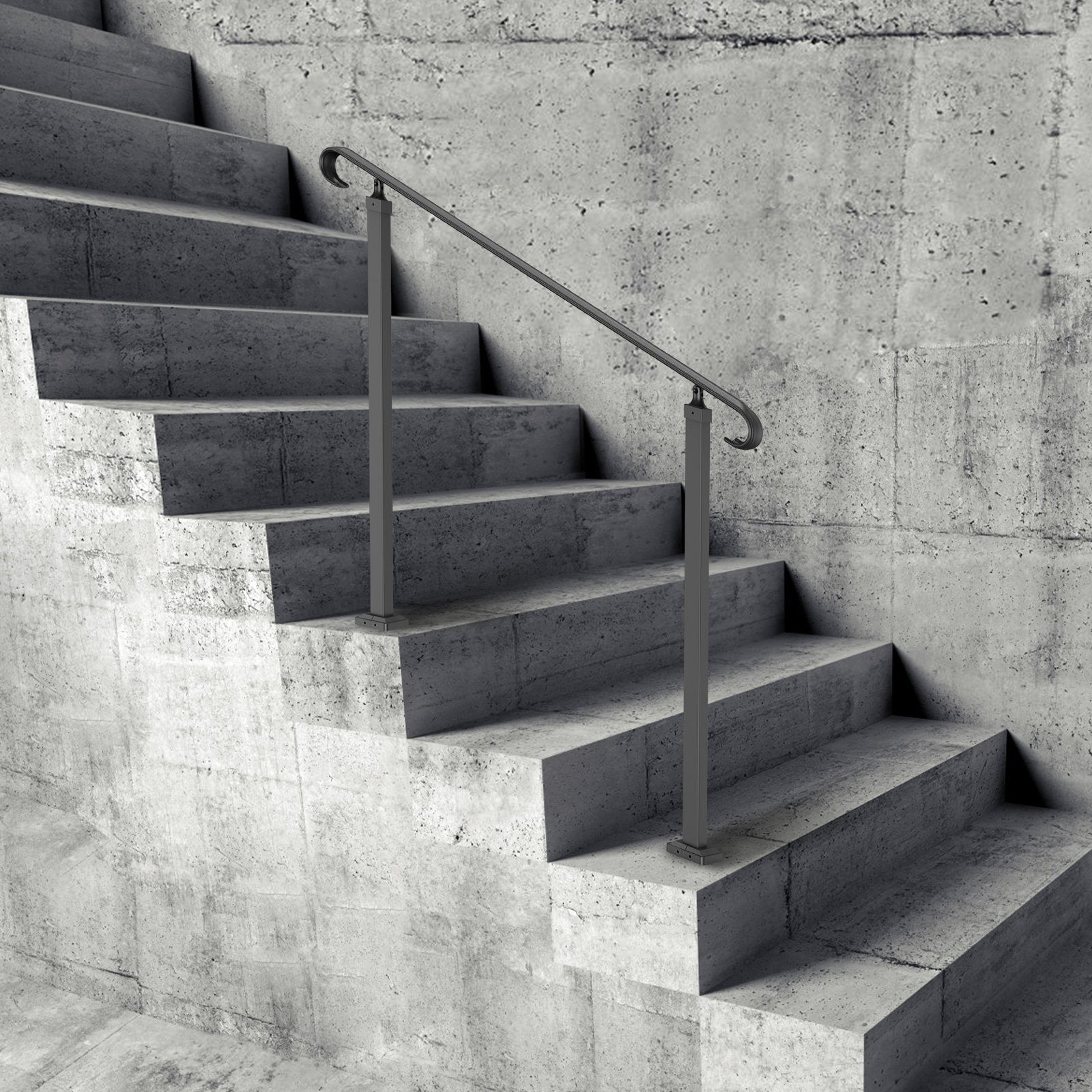 Handrails for Outdoor Steps, Fit 1-3 Steps Wrought Iron Handrail, Outdoor Stair Railing, Adjustable Front Porch Hand Rail, Black Transitional Hand railings for Concrete Steps or Wooden Stairs