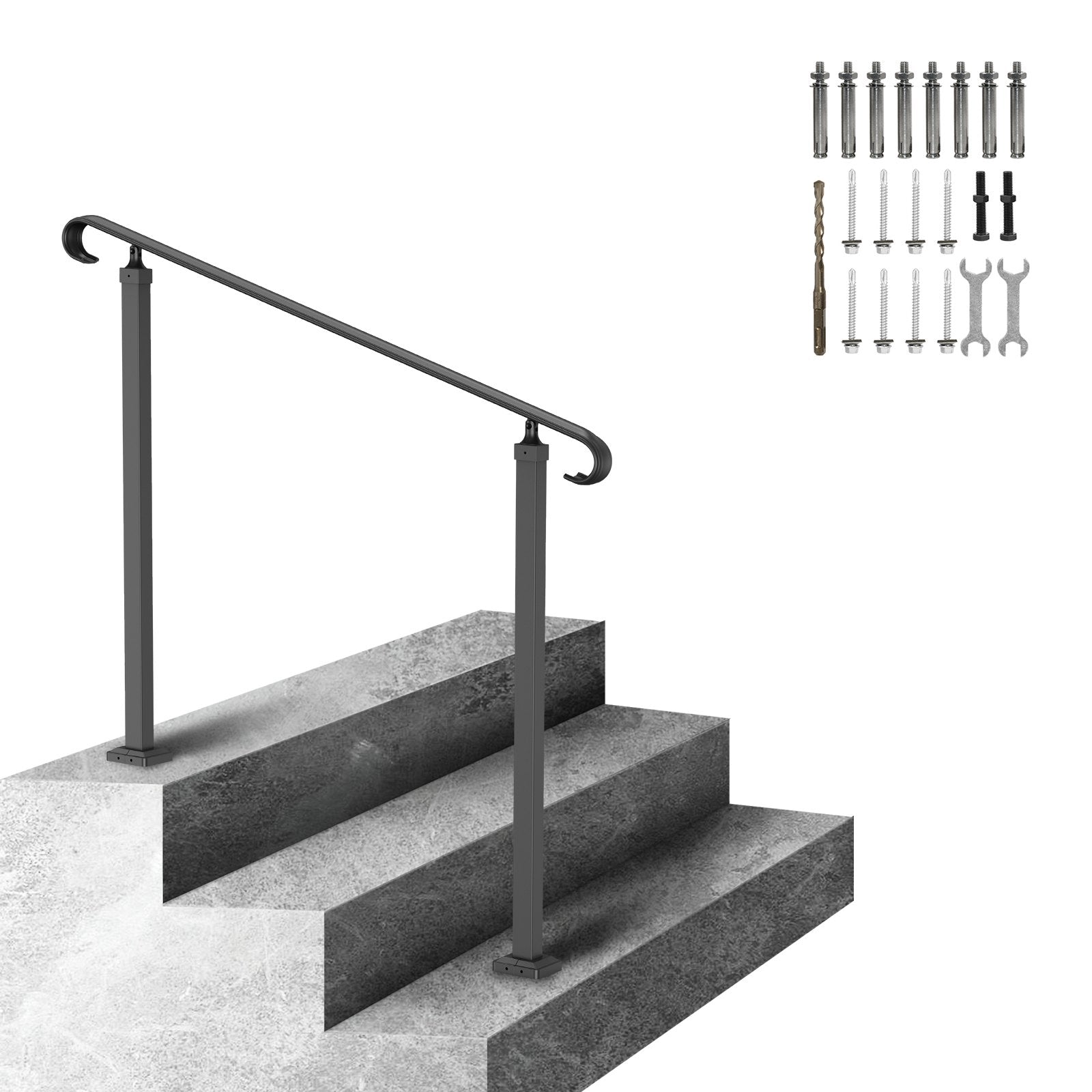 Handrails for Outdoor Steps, Fit 1-3 Steps Wrought Iron Handrail, Outdoor Stair Railing, Adjustable Front Porch Hand Rail, Black Transitional Hand railings for Concrete Steps or Wooden Stairs