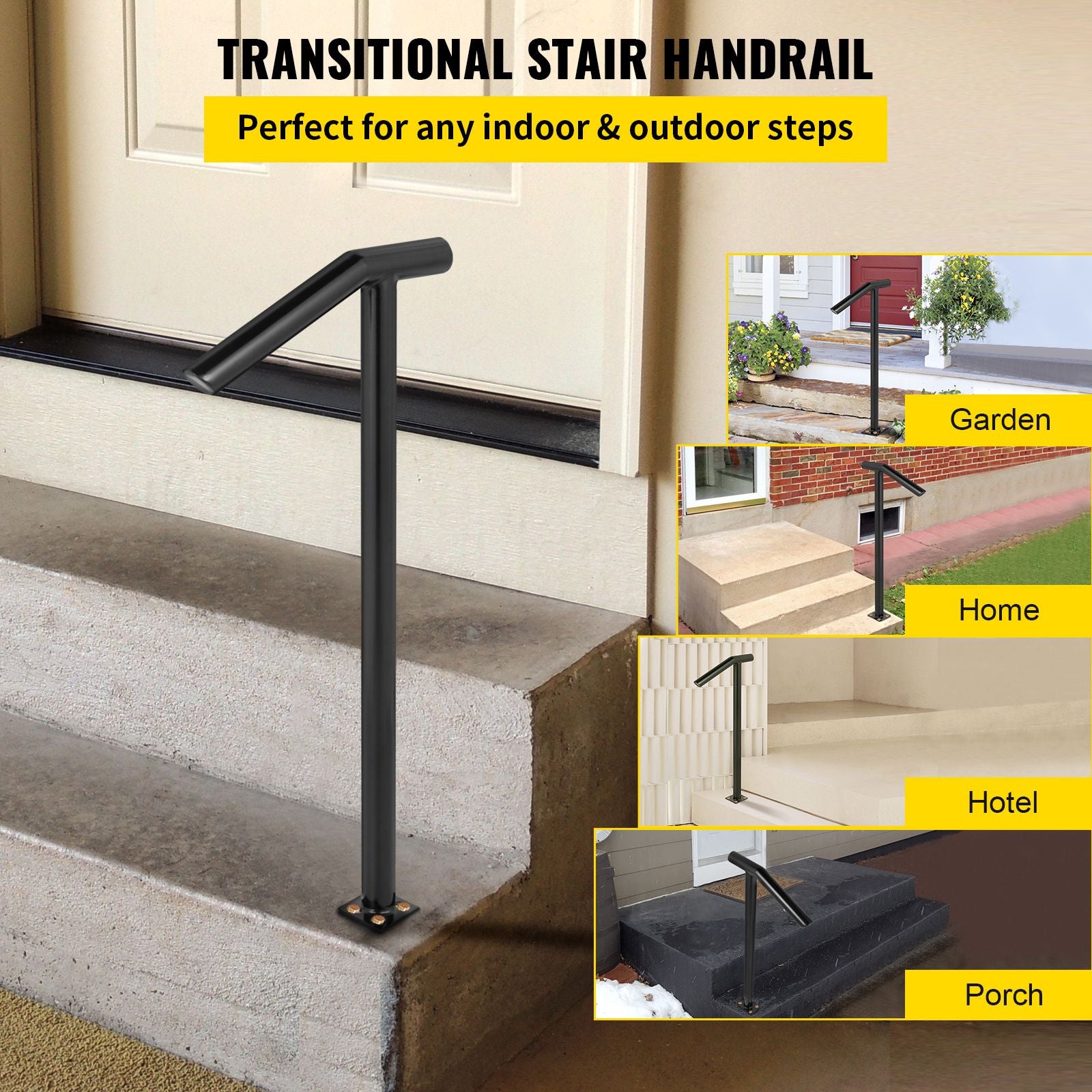Single Post Black Iron Stair Handrail 1-2 Steps 441lbs Outdoor Railing