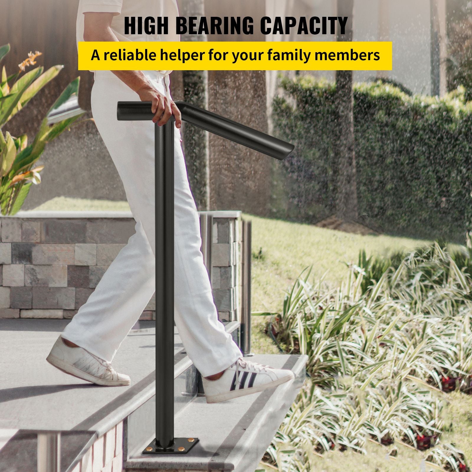 Single Post Black Iron Stair Handrail 1-2 Steps 441lbs Outdoor Railing