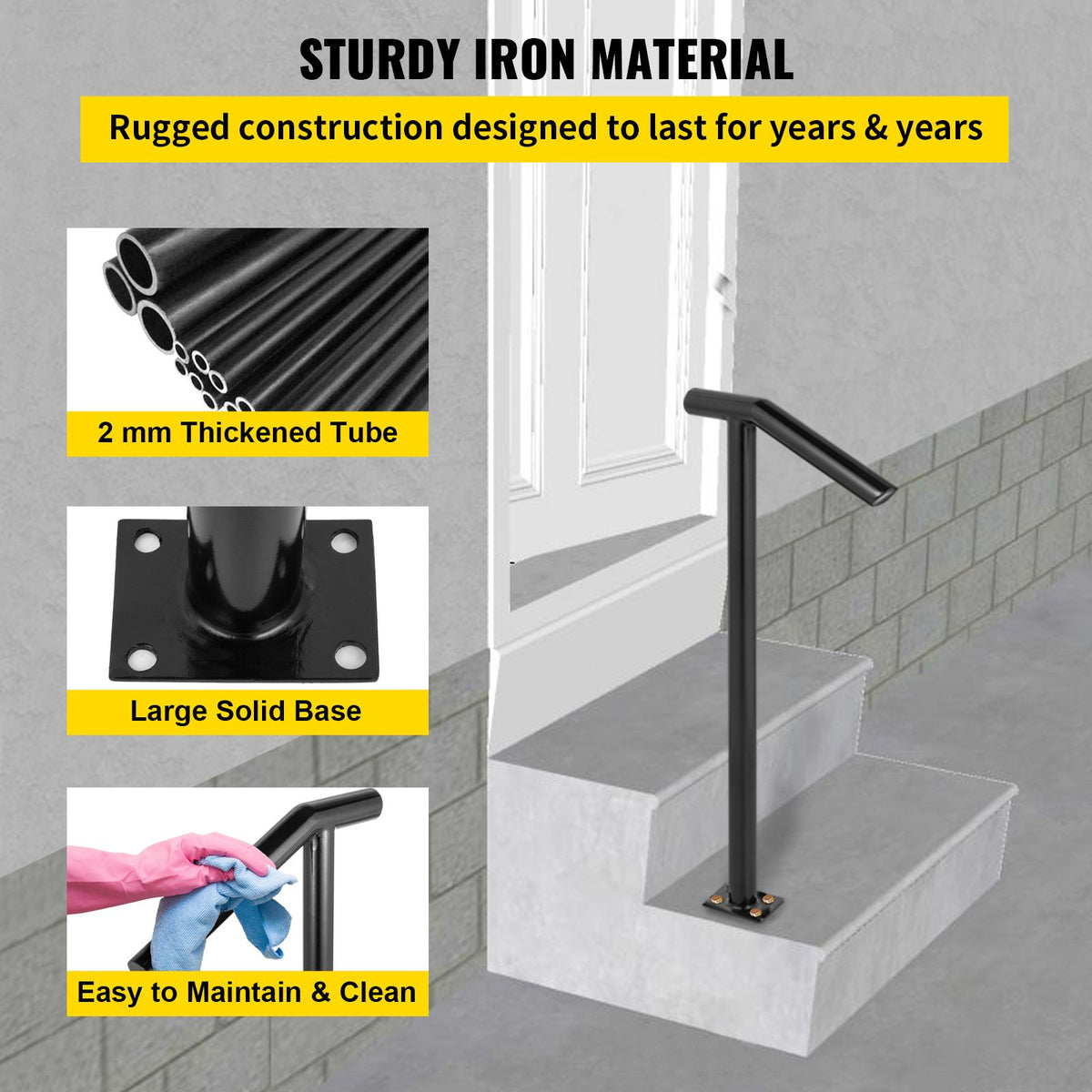 Single Post Black Iron Stair Handrail 1-2 Steps 441lbs Outdoor Railing
