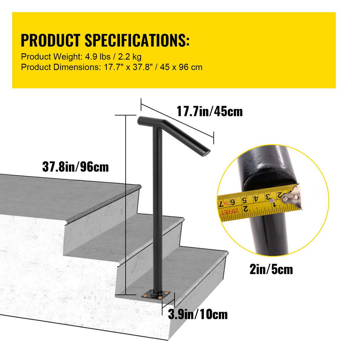 Single Post Black Iron Stair Handrail 1-2 Steps 441lbs Outdoor Railing