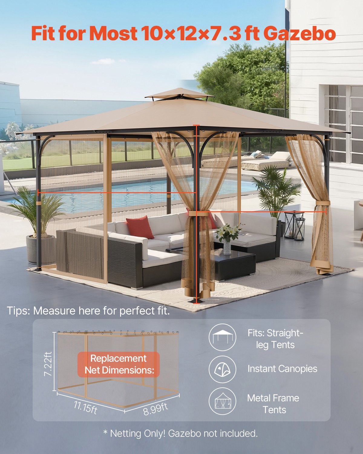 Gazebo Netting Replacement, Fit Most 10 x 12 x 7.3 FT Gazebo, Outdoor Garden Gazebo Net, 4-Panel Sidewall Mesh Gazebo Curtain, Patio Midge Netting with Double Zipper, Canopy Screen (Netting Only)