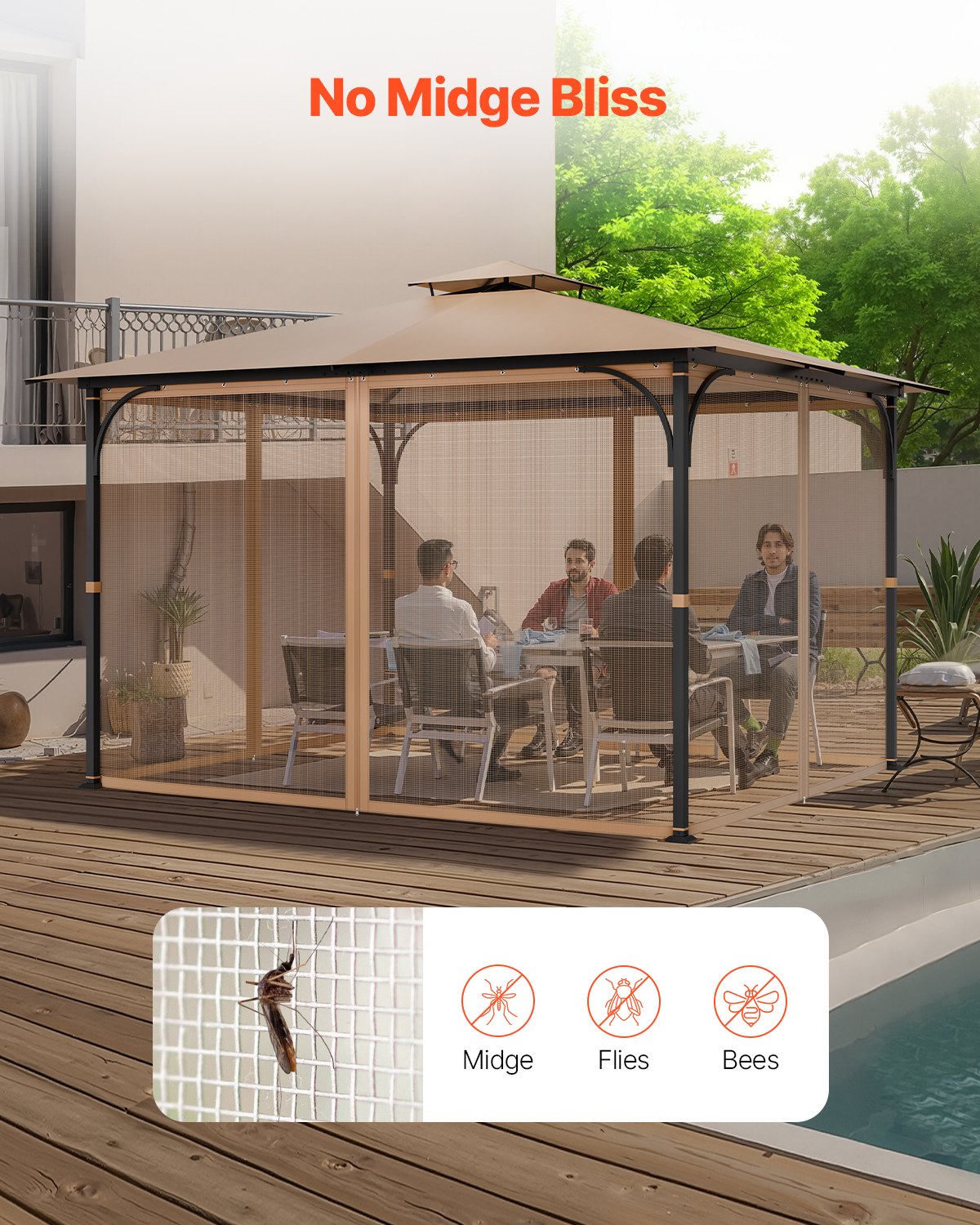 Gazebo Netting Replacement, Fit Most 10 x 12 x 7.3 FT Gazebo, Outdoor Garden Gazebo Net, 4-Panel Sidewall Mesh Gazebo Curtain, Patio Midge Netting with Double Zipper, Canopy Screen (Netting Only)