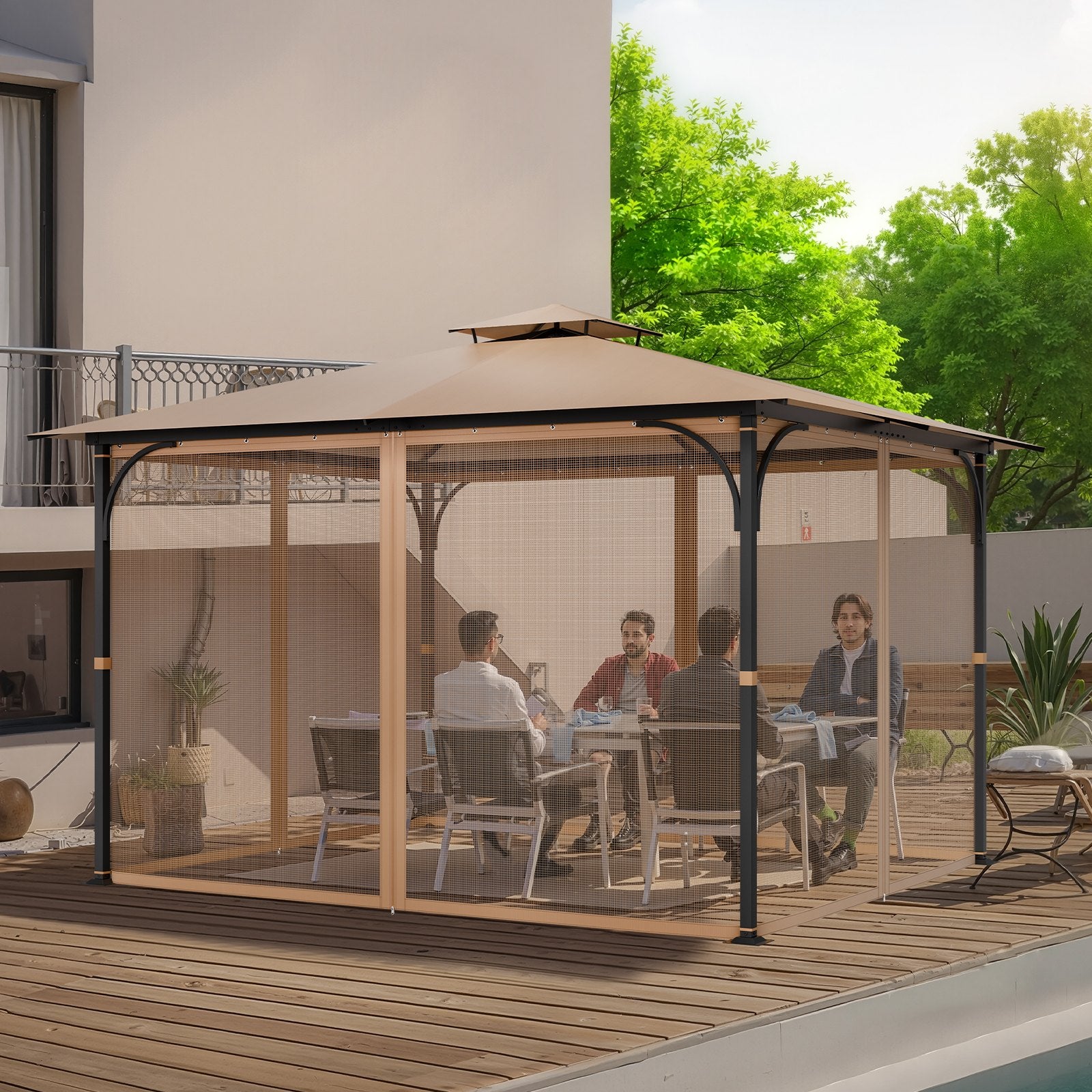 Gazebo Netting Replacement, Fit Most 10 x 12 x 7.3 FT Gazebo, Outdoor Garden Gazebo Net, 4-Panel Sidewall Mesh Gazebo Curtain, Patio Midge Netting with Double Zipper, Canopy Screen (Netting Only)