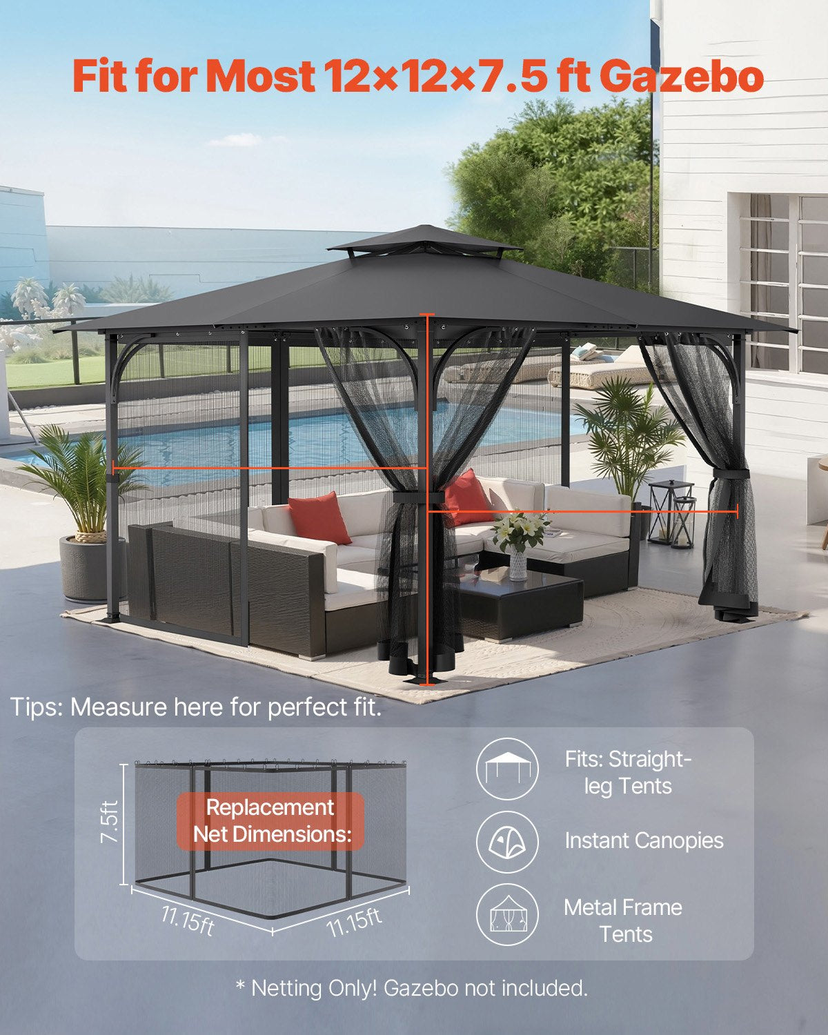 Gazebo Netting Replacement, Fit Most 12 x 12 x 7.5 FT Gazebo Curtain, Outdoor Garden Net, 4-Panel Sidewall Mesh Net, Patio Midge Netting with Double Zipper, Canopy Screen (Netting Only)