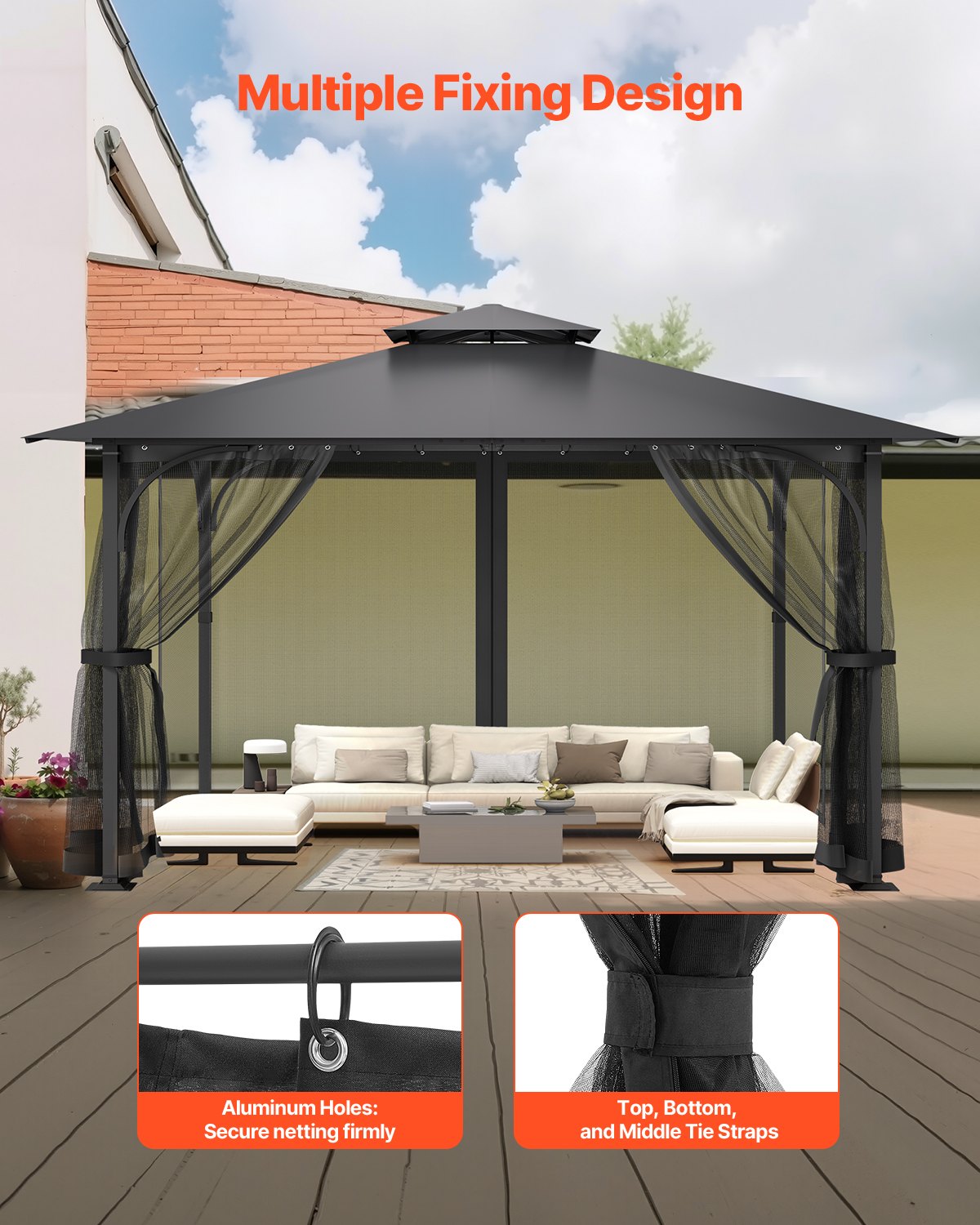 Gazebo Netting Replacement, Fit Most 12 x 12 x 7.5 FT Gazebo Curtain, Outdoor Garden Net, 4-Panel Sidewall Mesh Net, Patio Midge Netting with Double Zipper, Canopy Screen (Netting Only)