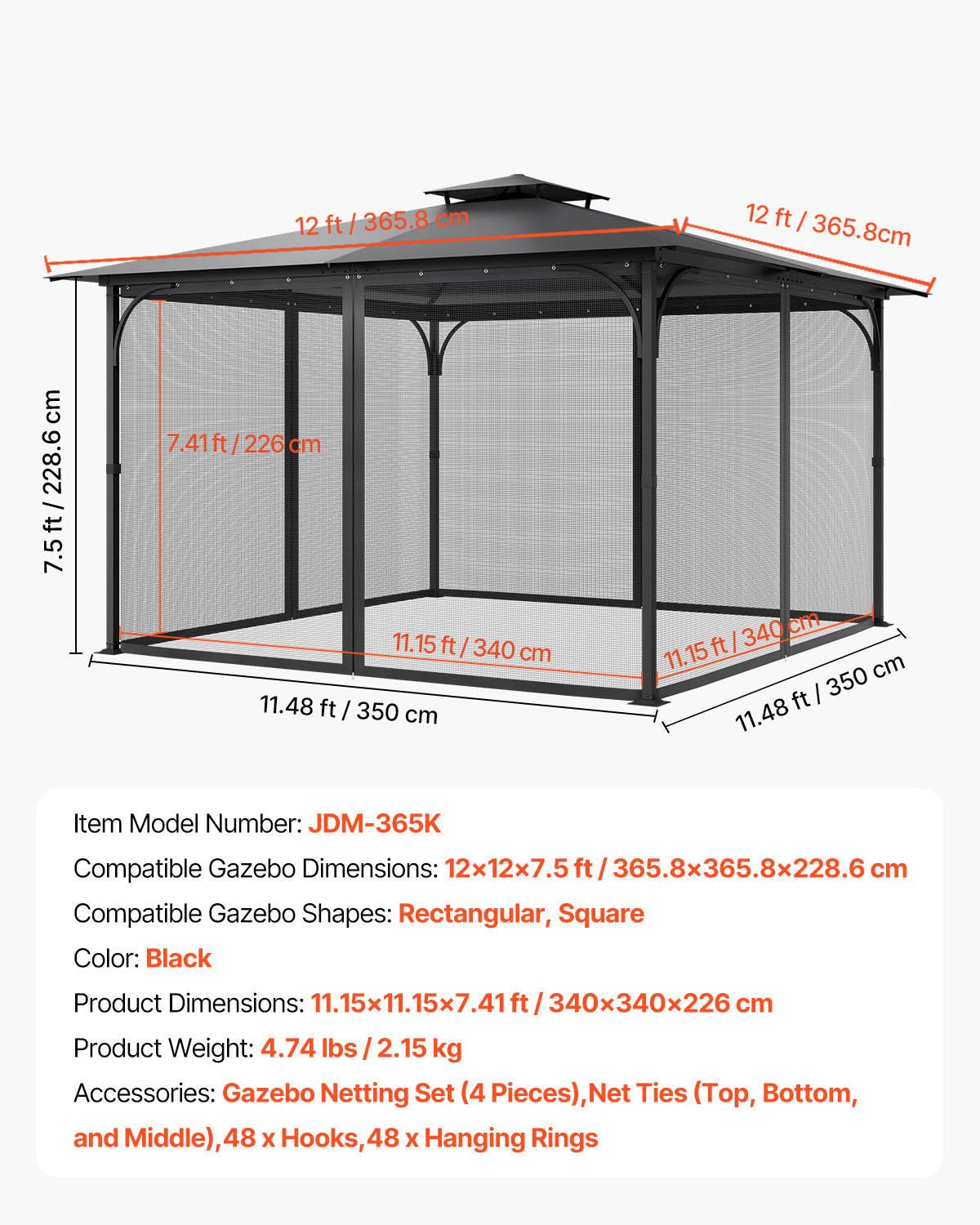 Gazebo Netting Replacement, Fit Most 12 x 12 x 7.5 FT Gazebo Curtain, Outdoor Garden Net, 4-Panel Sidewall Mesh Net, Patio Midge Netting with Double Zipper, Canopy Screen (Netting Only)