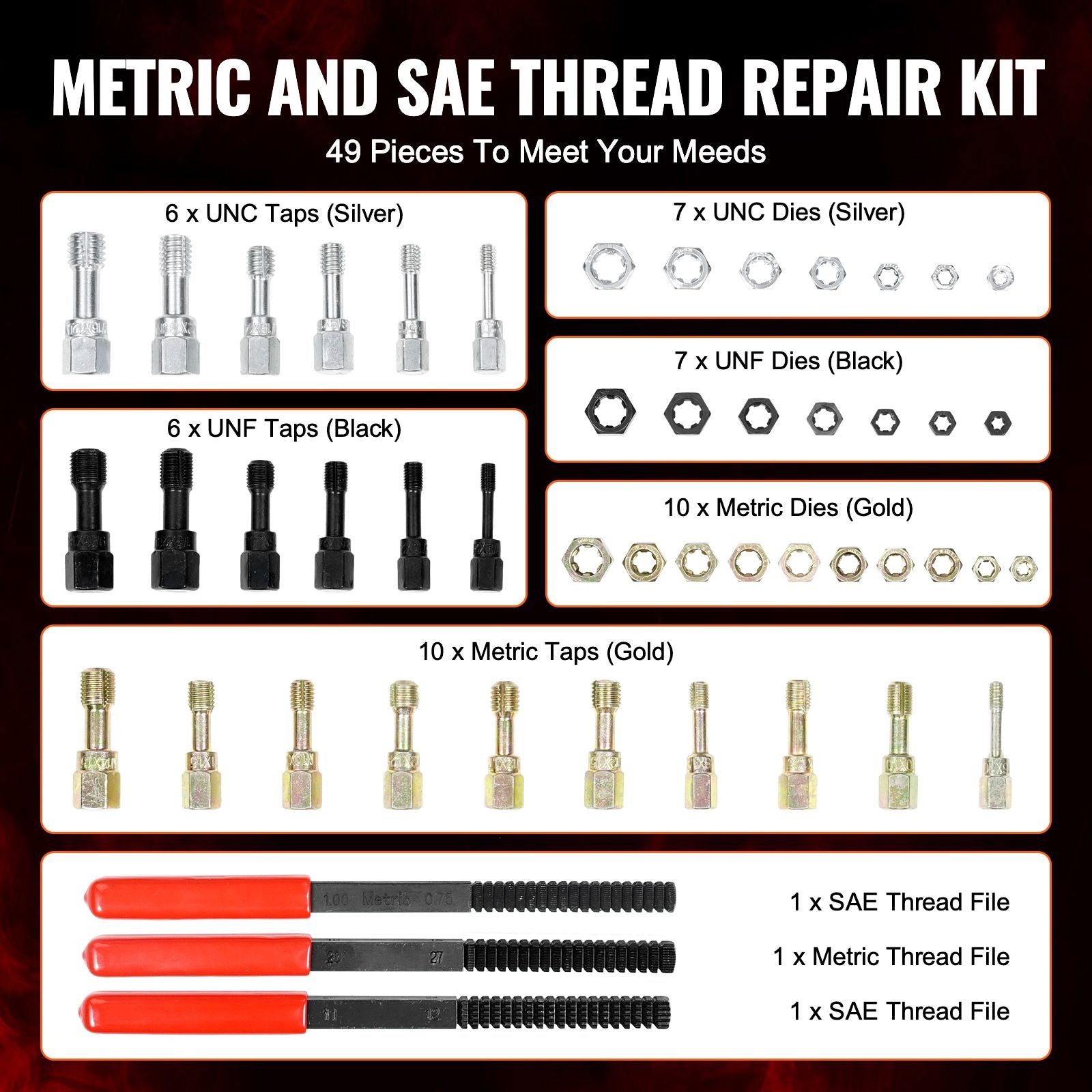 49-Piece Thread Chaser Set UNC UNF Metric Taps Dies Thread Repair Kit