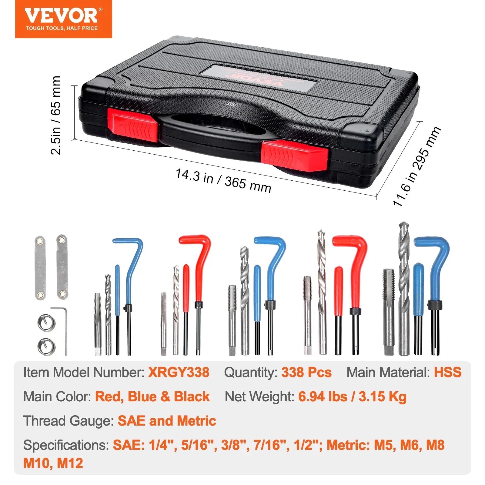 Helicoil Thread Repair Kit, 338-Piece SAE and Metric Rethreading Tool Kit, M5, M6, M8, M10, M12, 1/4