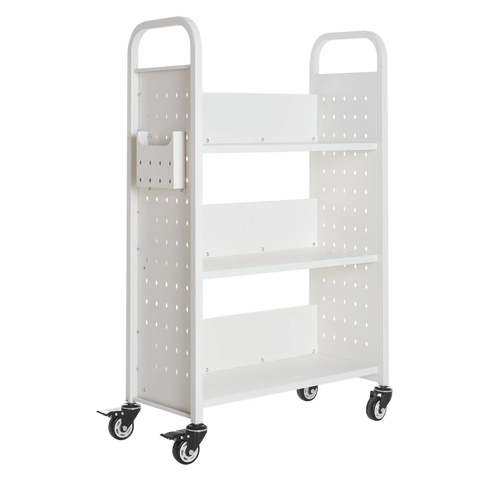 Rolling Library Book Cart, 150 kg Capacity, 77 x 38 x 122 cm Library Cart, Single Sided L-Shaped Shelves with 76.2 mm Lockable Wheels, Book Truck for Home Shelves Office and School, White