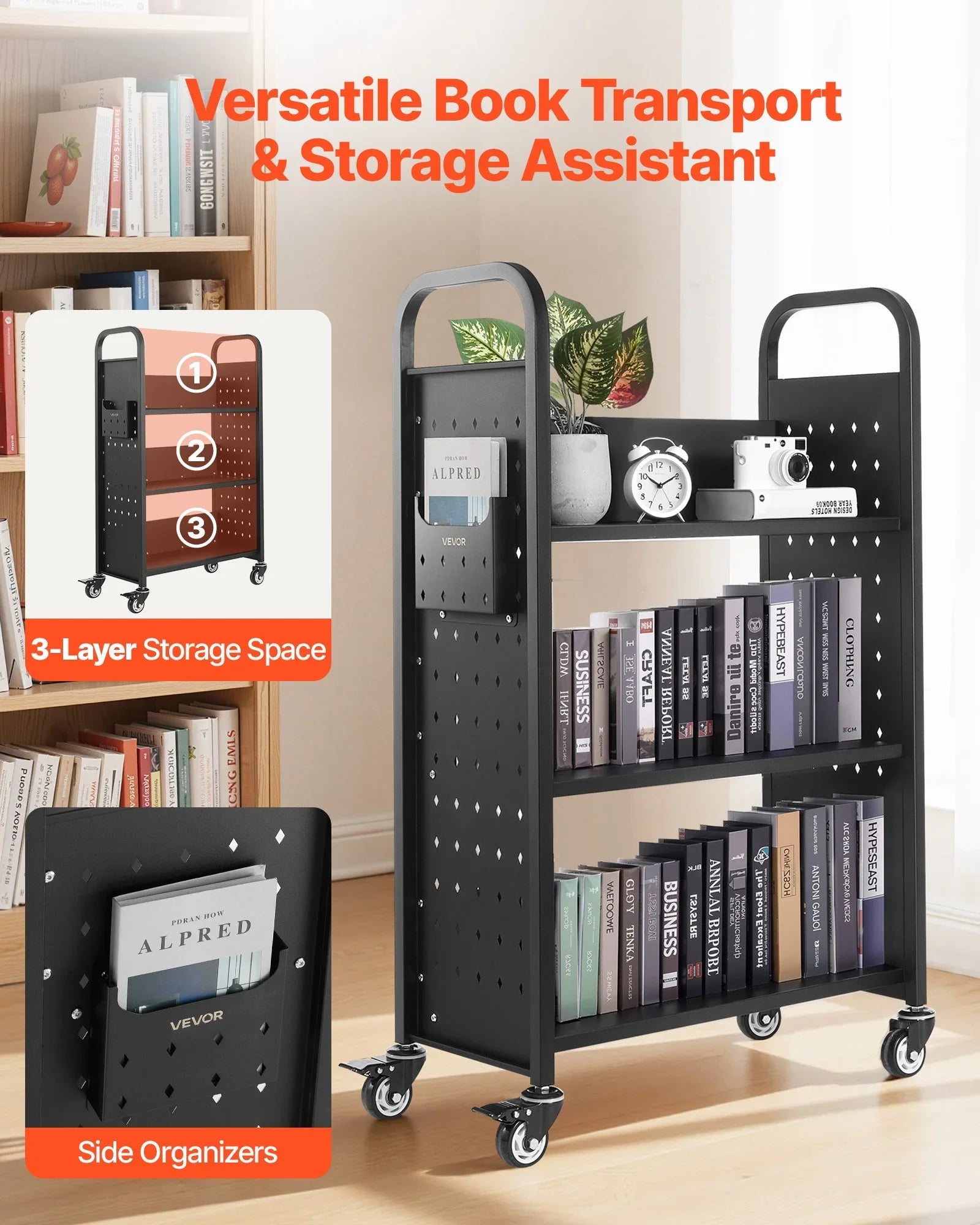 Rolling Library Book Cart, 150 kg Capacity, 77 x 38 x 122 cm Library Cart, Single Sided L-Shaped Shelves with 76.2 mm Lockable Wheels, Book Truck for Home Shelves Office and School, Black