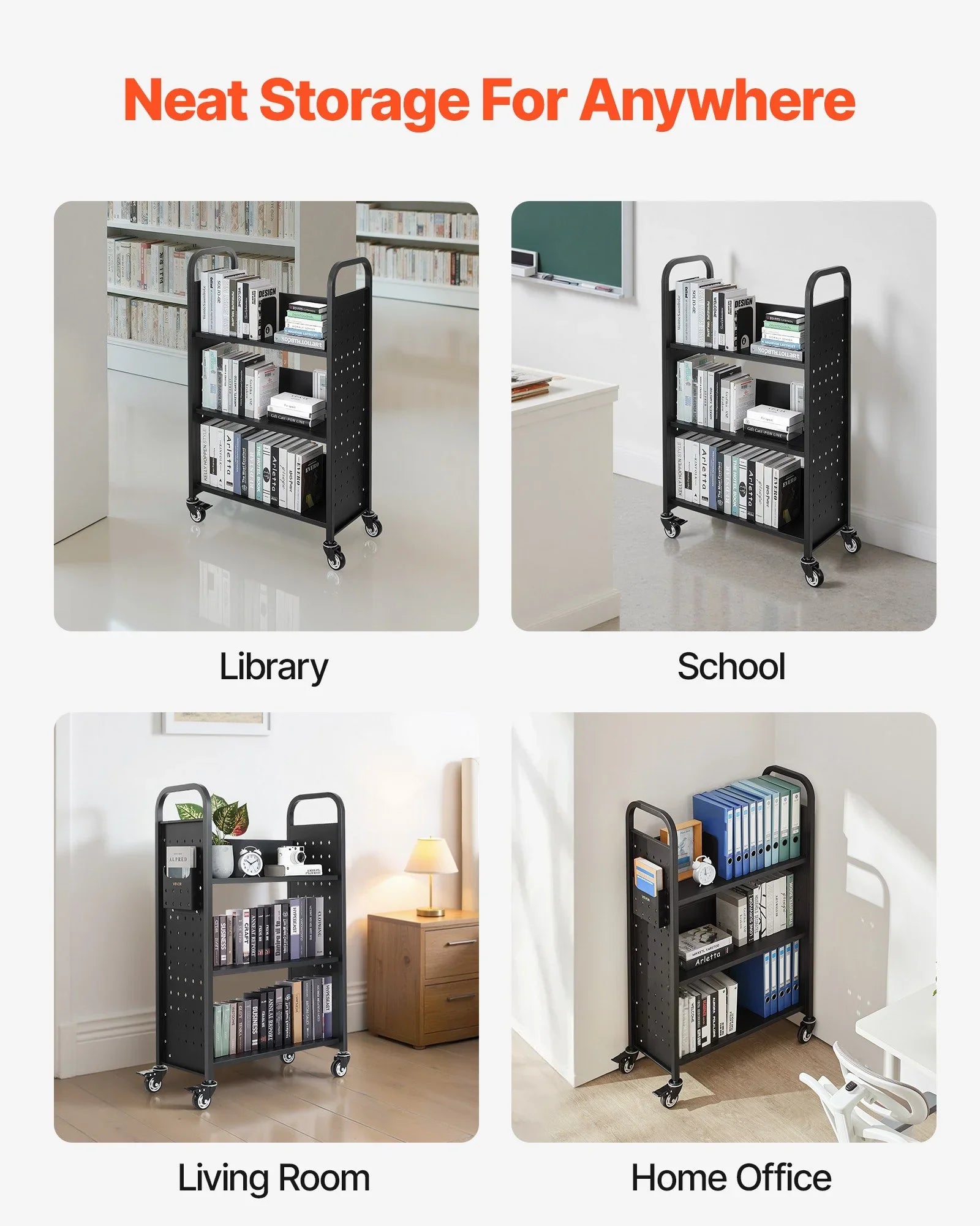 Rolling Library Book Cart, 150 kg Capacity, 77 x 38 x 122 cm Library Cart, Single Sided L-Shaped Shelves with 76.2 mm Lockable Wheels, Book Truck for Home Shelves Office and School, Black