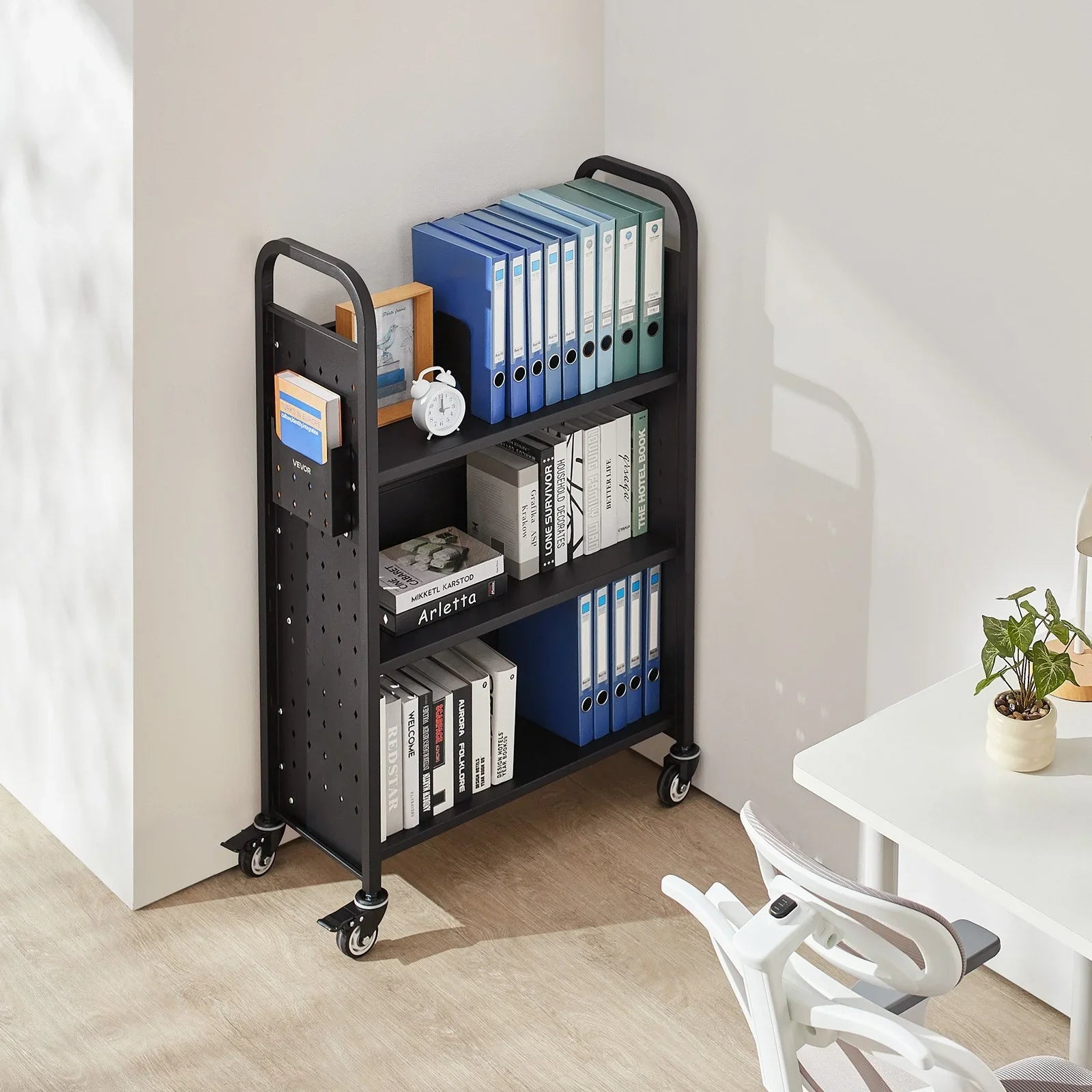 Rolling Library Book Cart, 150 kg Capacity, 77 x 38 x 122 cm Library Cart, Single Sided L-Shaped Shelves with 76.2 mm Lockable Wheels, Book Truck for Home Shelves Office and School, Black