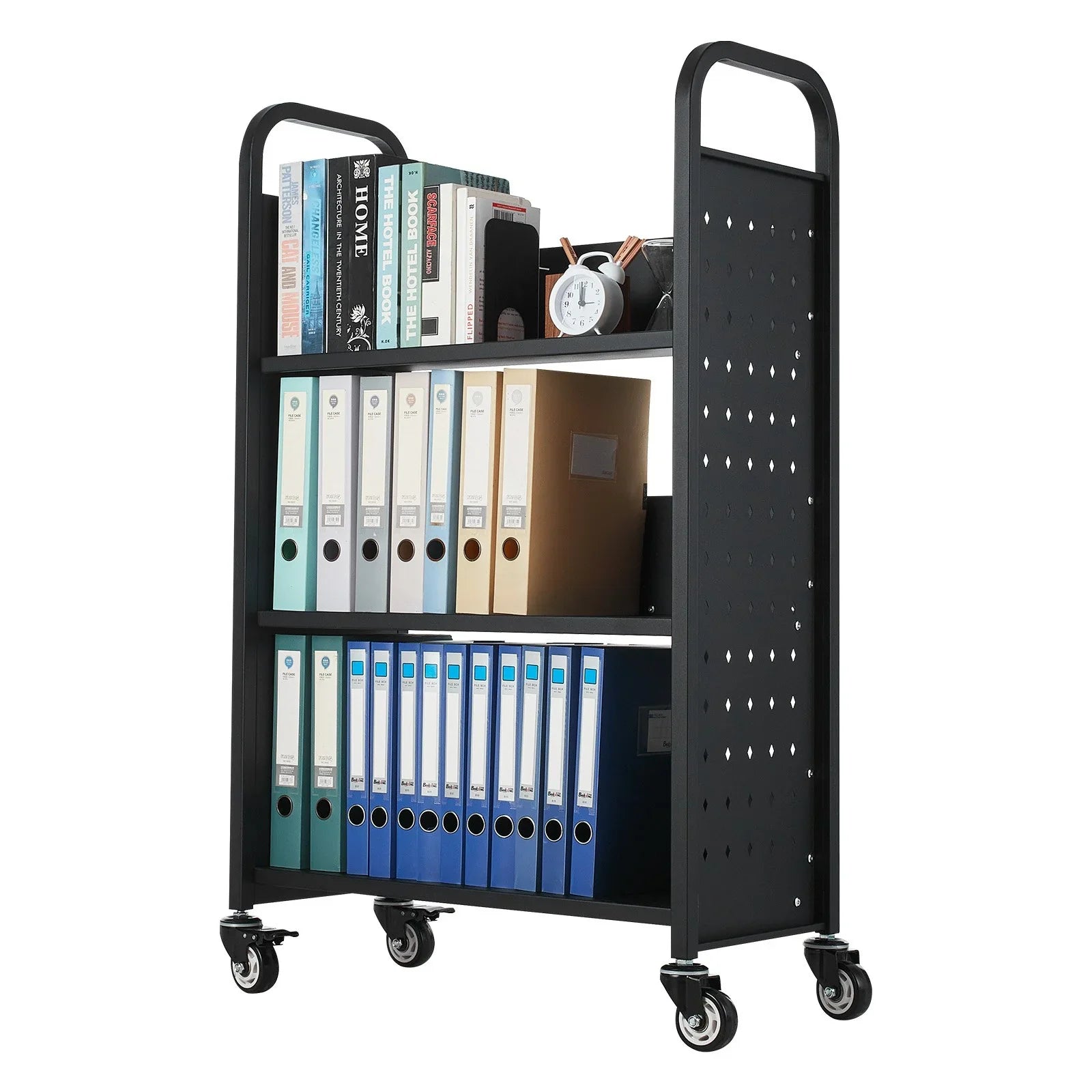Rolling Library Book Cart, 150 kg Capacity, 77 x 38 x 122 cm Library Cart, Single Sided L-Shaped Shelves with 76.2 mm Lockable Wheels, Book Truck for Home Shelves Office and School, Black