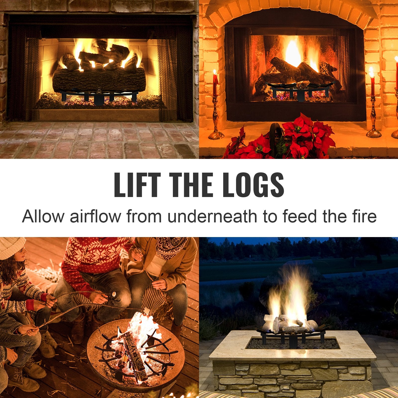 Log Grate, 27 inch Heavy Duty Wheel Fire Grate with 6 Support Legs, Solid Powder-coated Steel Bars, Log Firewood Burning Rack Holder for Wood Stove and Outdoor Camping Fire Pit