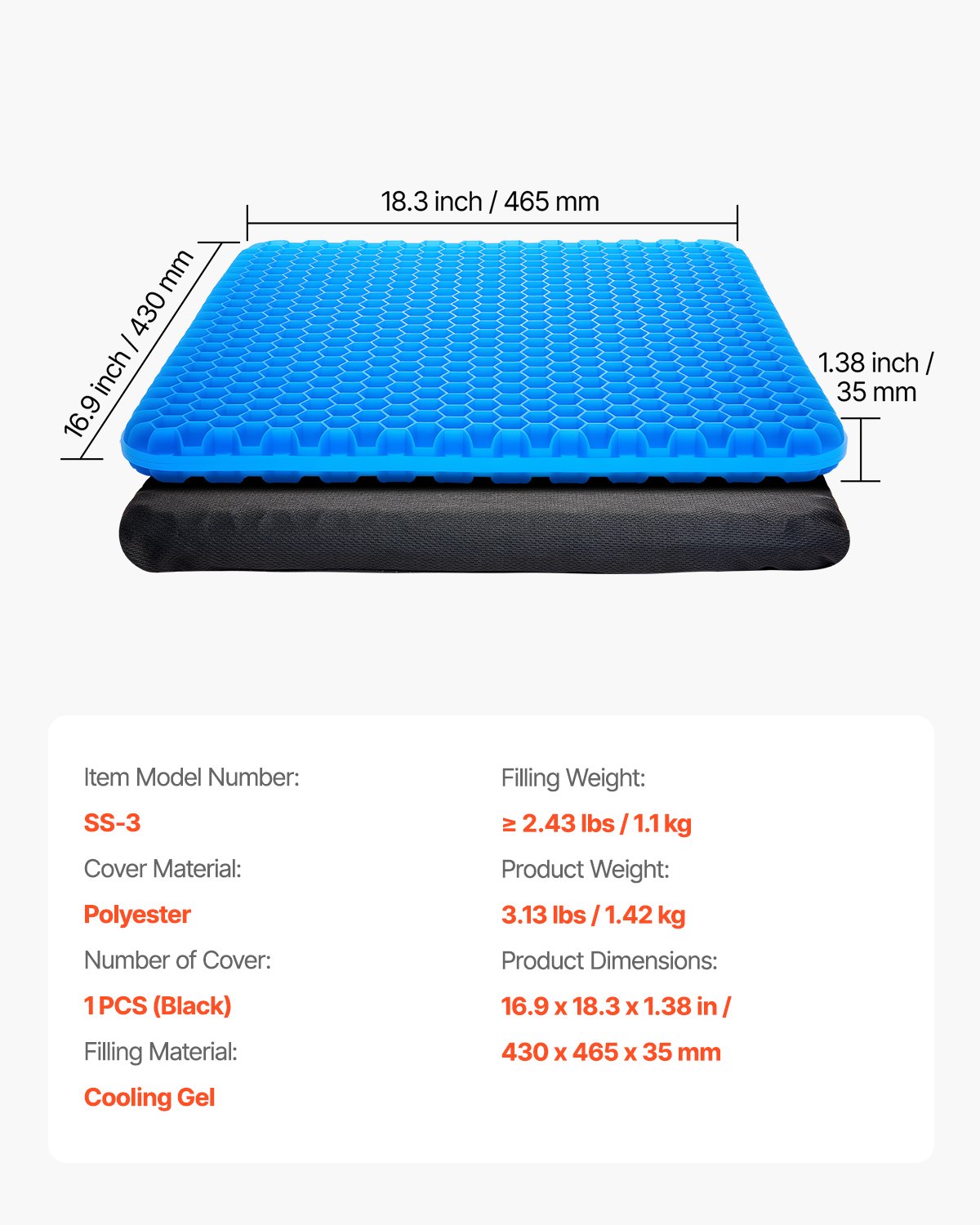 VEVOR Seat Cushion Cooling Gel Seat Chair Cushion for Hips Back Pressure Relief