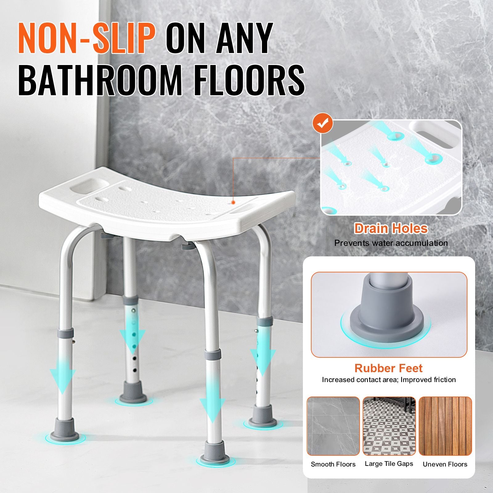 Adjustable Shower Chair Non-Slip Bath Stool with Handles 158.8kg Capacity