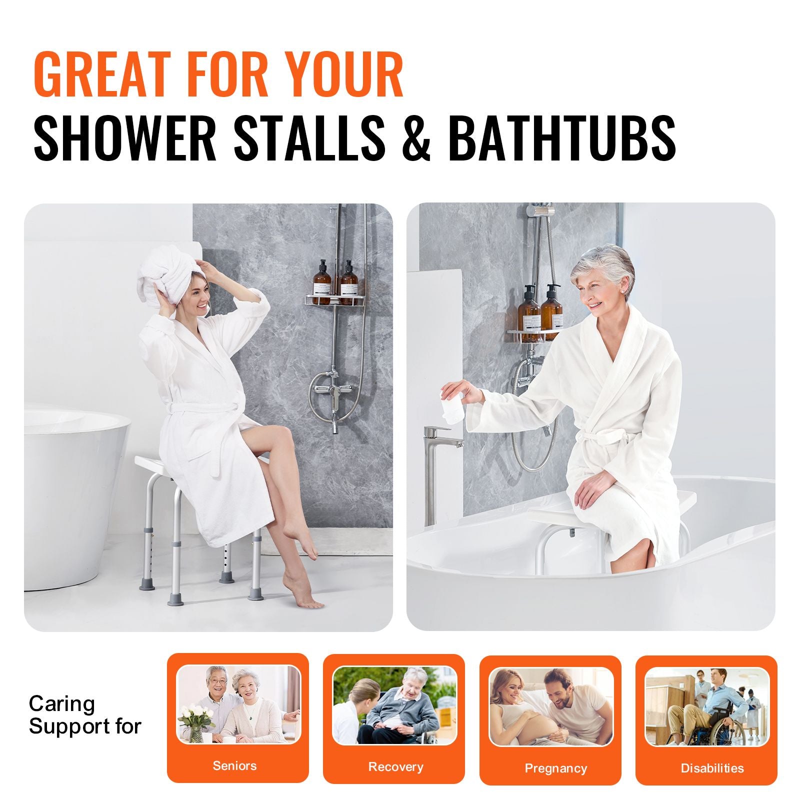 Adjustable Shower Chair Non-Slip Bath Stool with Handles 158.8kg Capacity