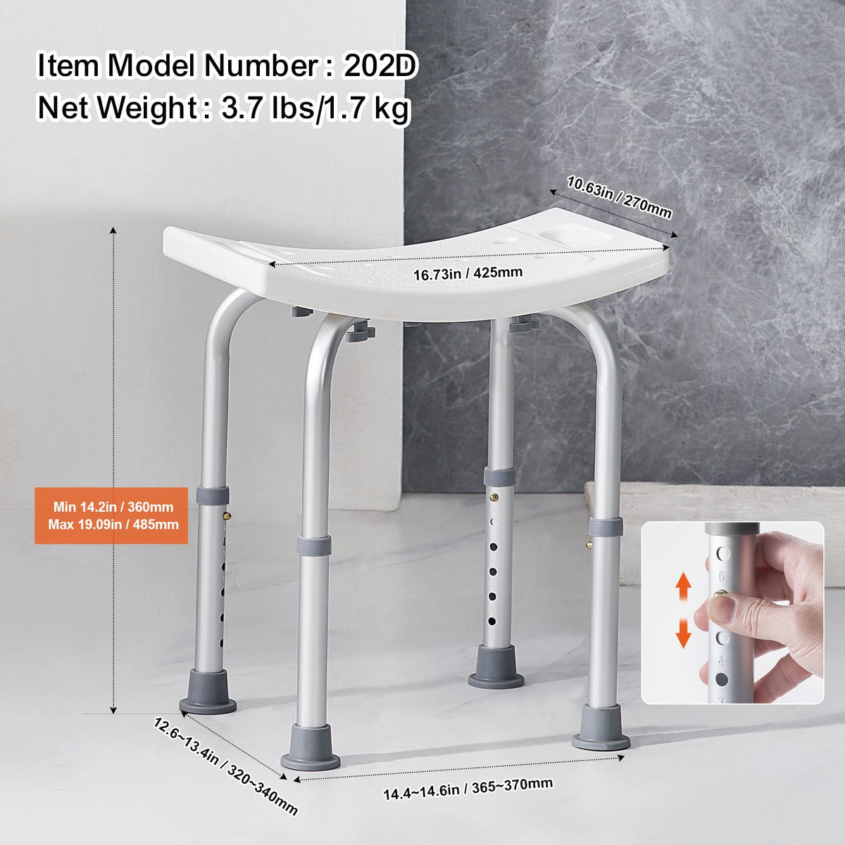 Adjustable Shower Chair Non-Slip Bath Stool with Handles 158.8kg Capacity