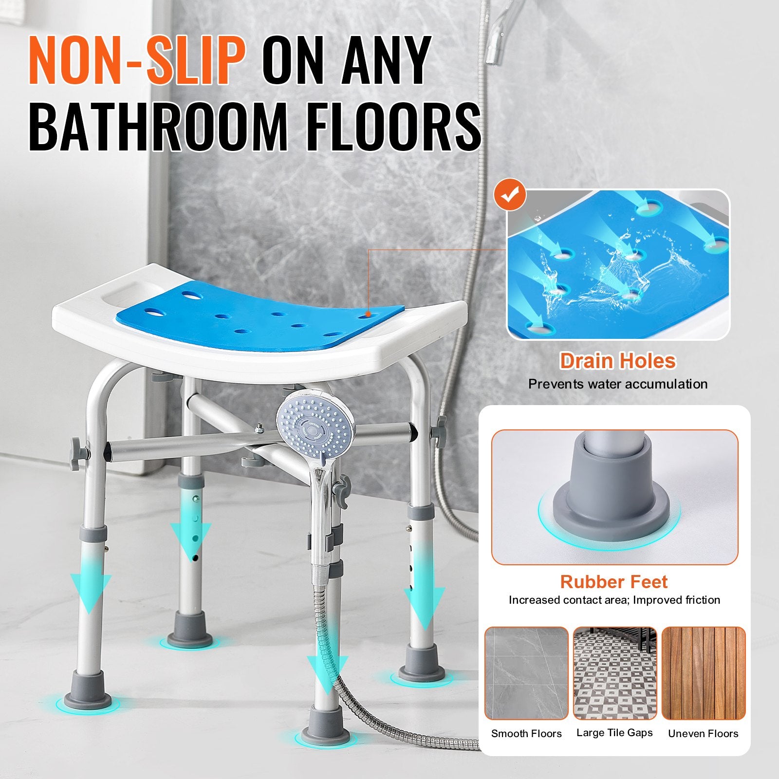 VEVOR Shower Chair, Adjustable Height Shower Stool with Crossbar Support, Shower Seat for Inside Shower or Tub, Non-Slip Bench Bathtub Stool Seat for Elderly Disabled Handicap, 226.8 kg Capacity