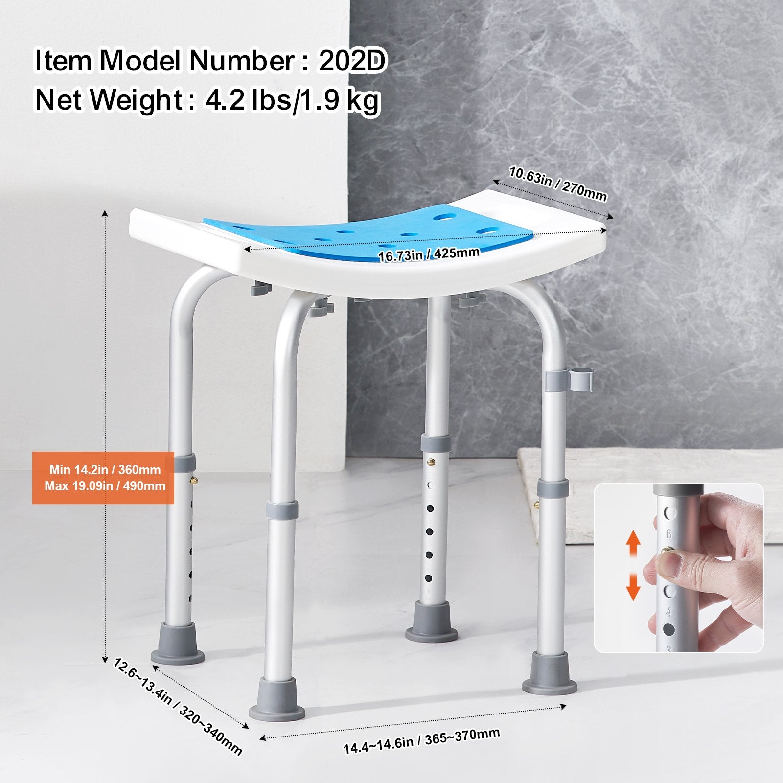 Shower Chair, Adjustable Height Shower Stool, Shower Seat for Inside Shower or Tub, Non-Slip Bench Bathtub Stool Seat for Elderly Disabled Handicap, 158.8 kg Capacity