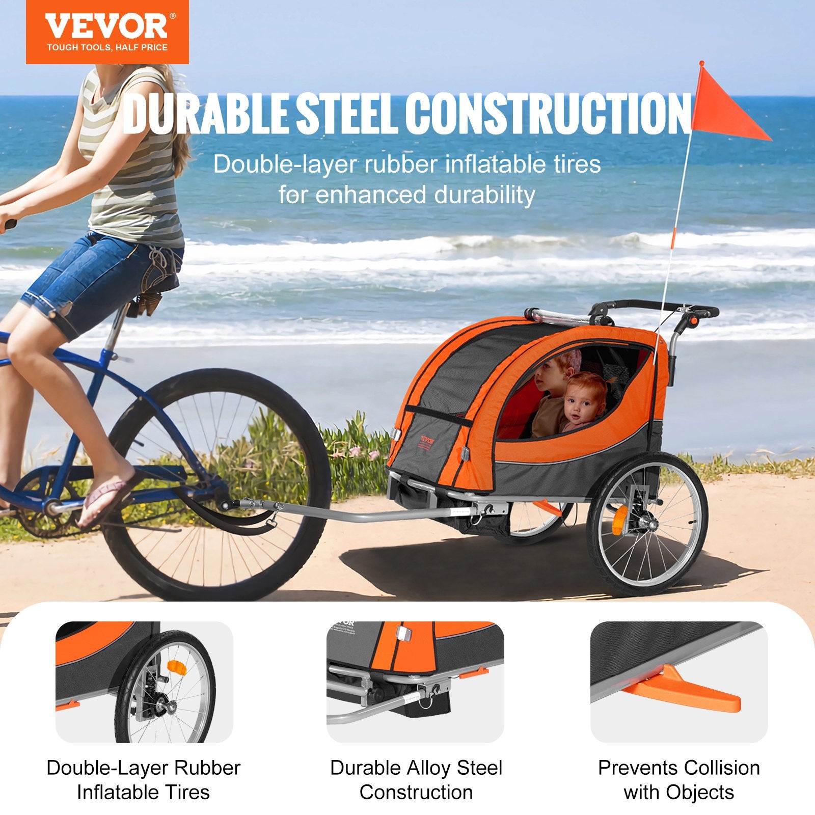 VEVOR Bike Trailer for Toddlers, Kids, Double Seat, 40 kg Load, 2-In-1 Canopy Carrier Converts to Stroller, Tow Behind Foldable Child Bicycle Trailer with Universal Bicycle Coupler, Orange and Gray