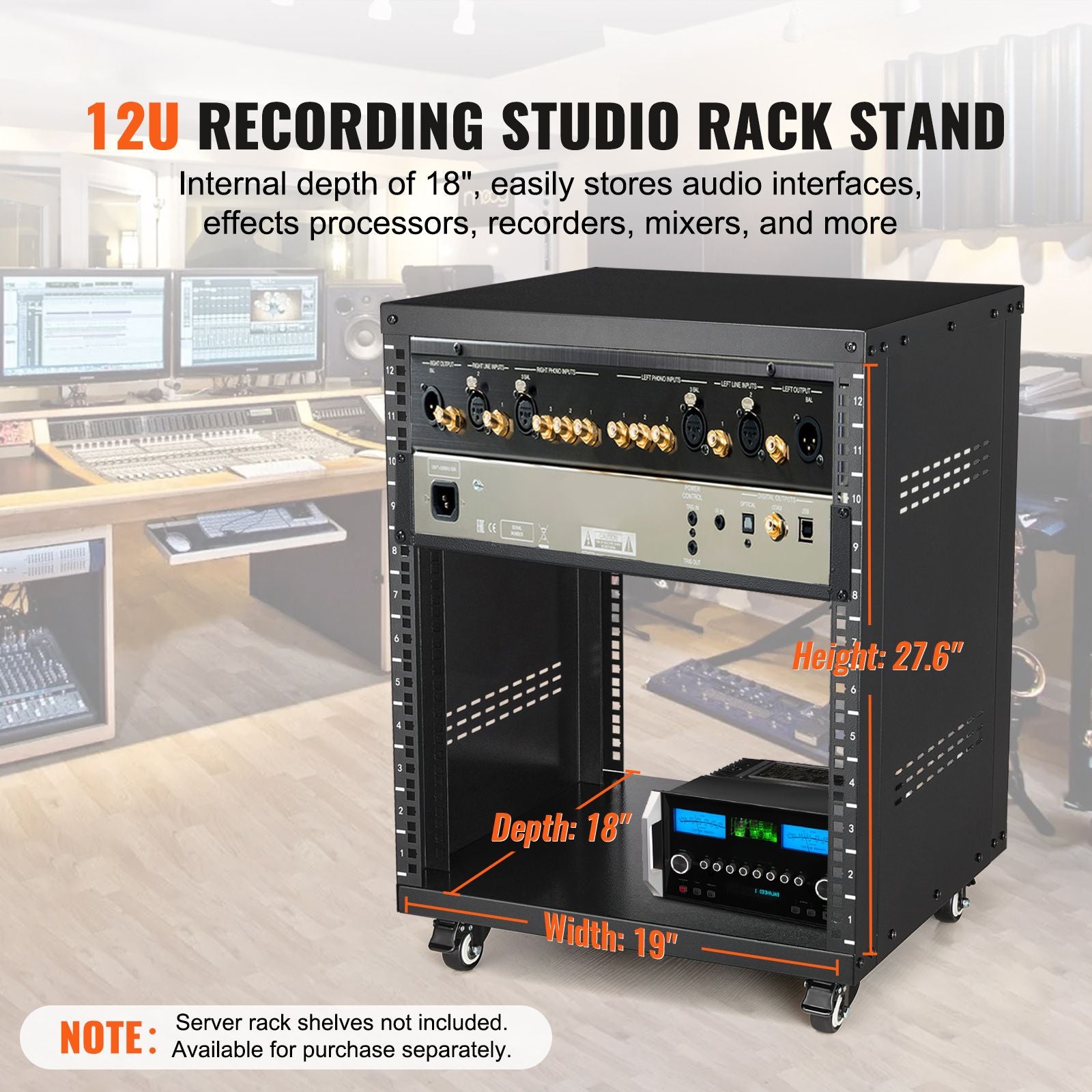 12U AV Rack Stand, 136.08kg Capacity, Network Stereo Recording Studio Rack with Lockable Caster Wheels Round & Square Holes, Special Vent for 482.6 mm Audio Video Musical & IT Equipment Mounting