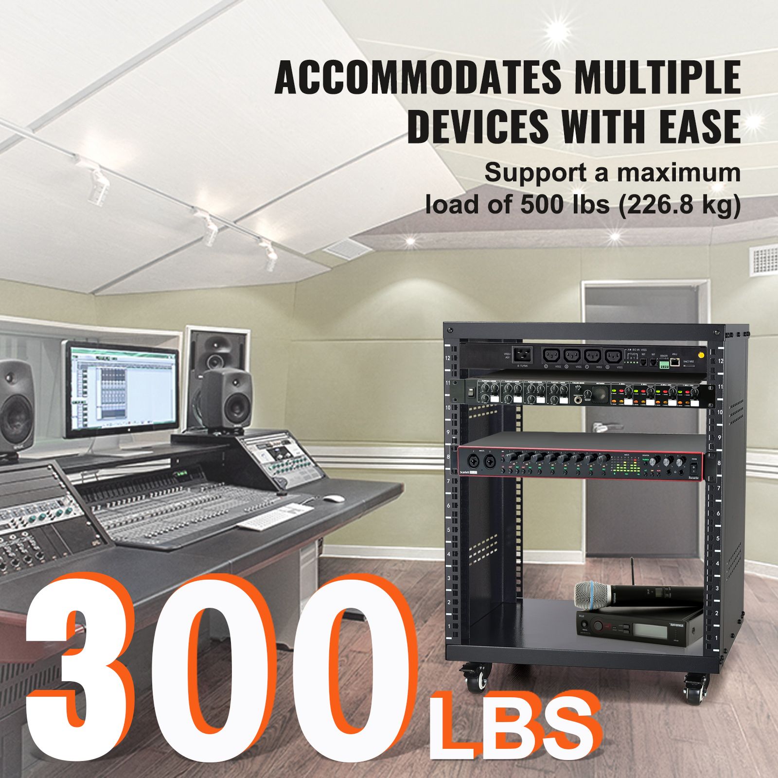 12U AV Rack Stand, 136.08kg Capacity, Network Stereo Recording Studio Rack with Lockable Caster Wheels Round & Square Holes, Special Vent for 482.6 mm Audio Video Musical & IT Equipment Mounting