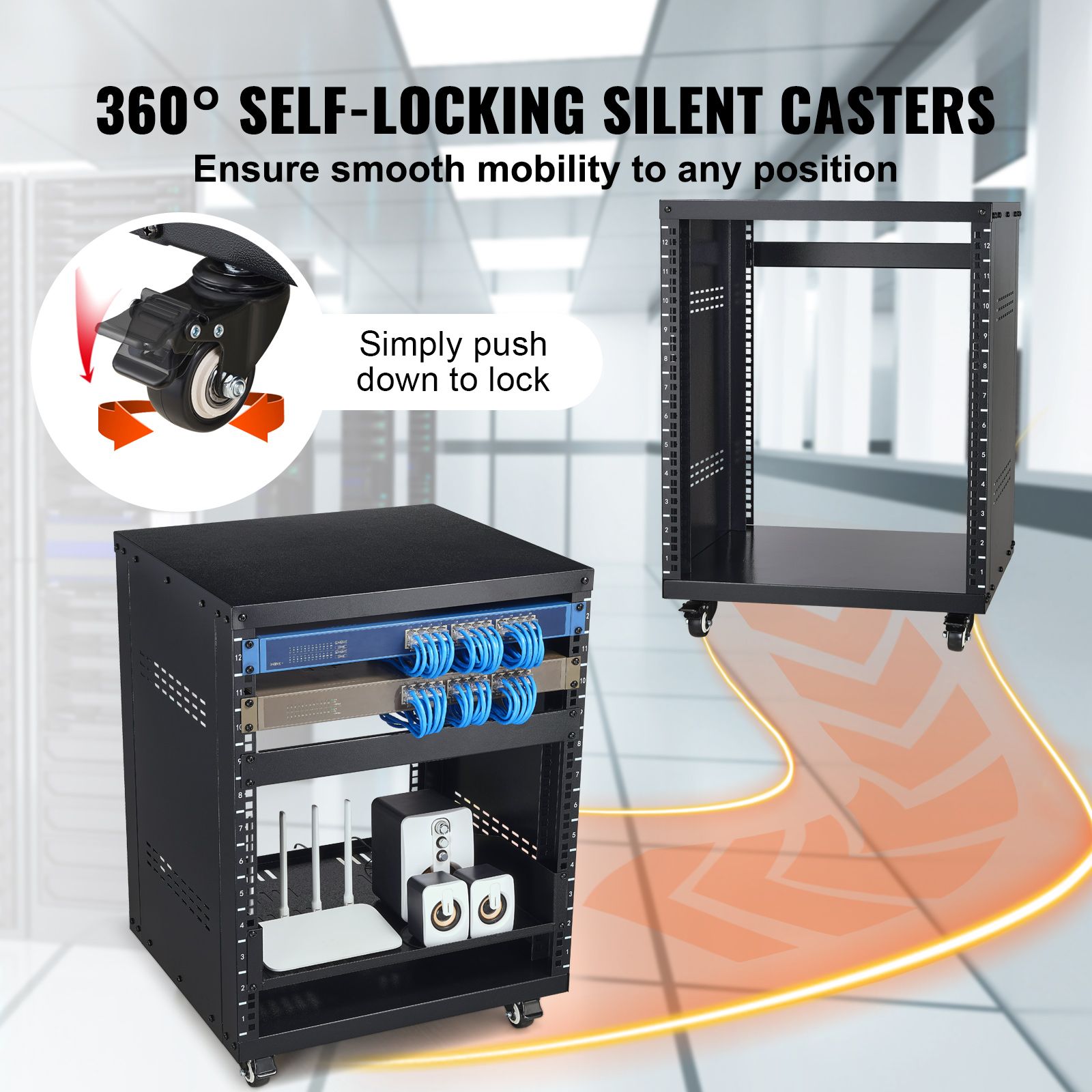12U AV Rack Stand, 136.08kg Capacity, Network Stereo Recording Studio Rack with Lockable Caster Wheels Round & Square Holes, Special Vent for 482.6 mm Audio Video Musical & IT Equipment Mounting