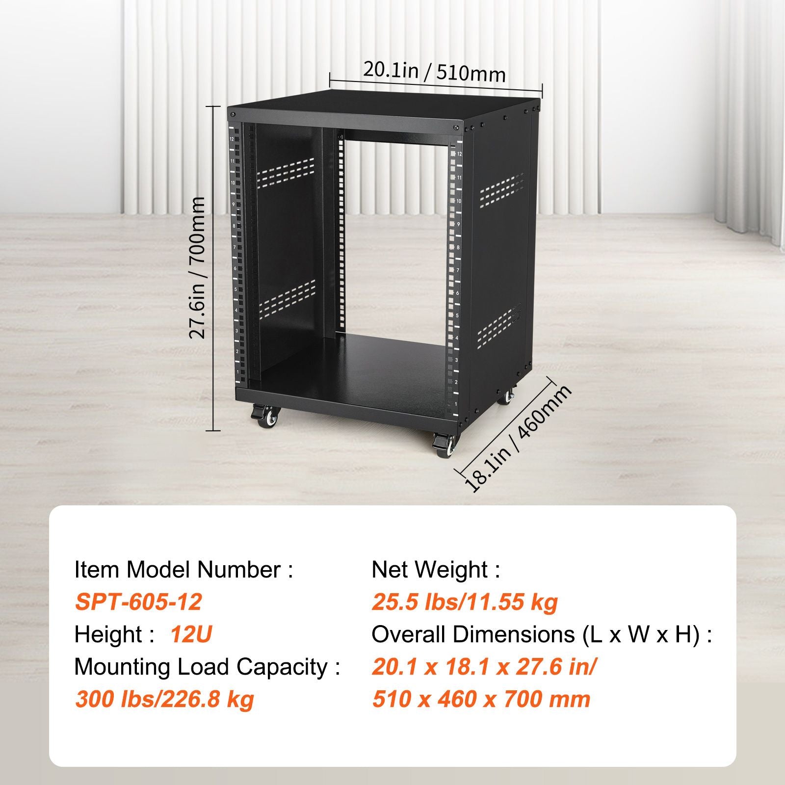 12U AV Rack Stand, 136.08kg Capacity, Network Stereo Recording Studio Rack with Lockable Caster Wheels Round & Square Holes, Special Vent for 482.6 mm Audio Video Musical & IT Equipment Mounting