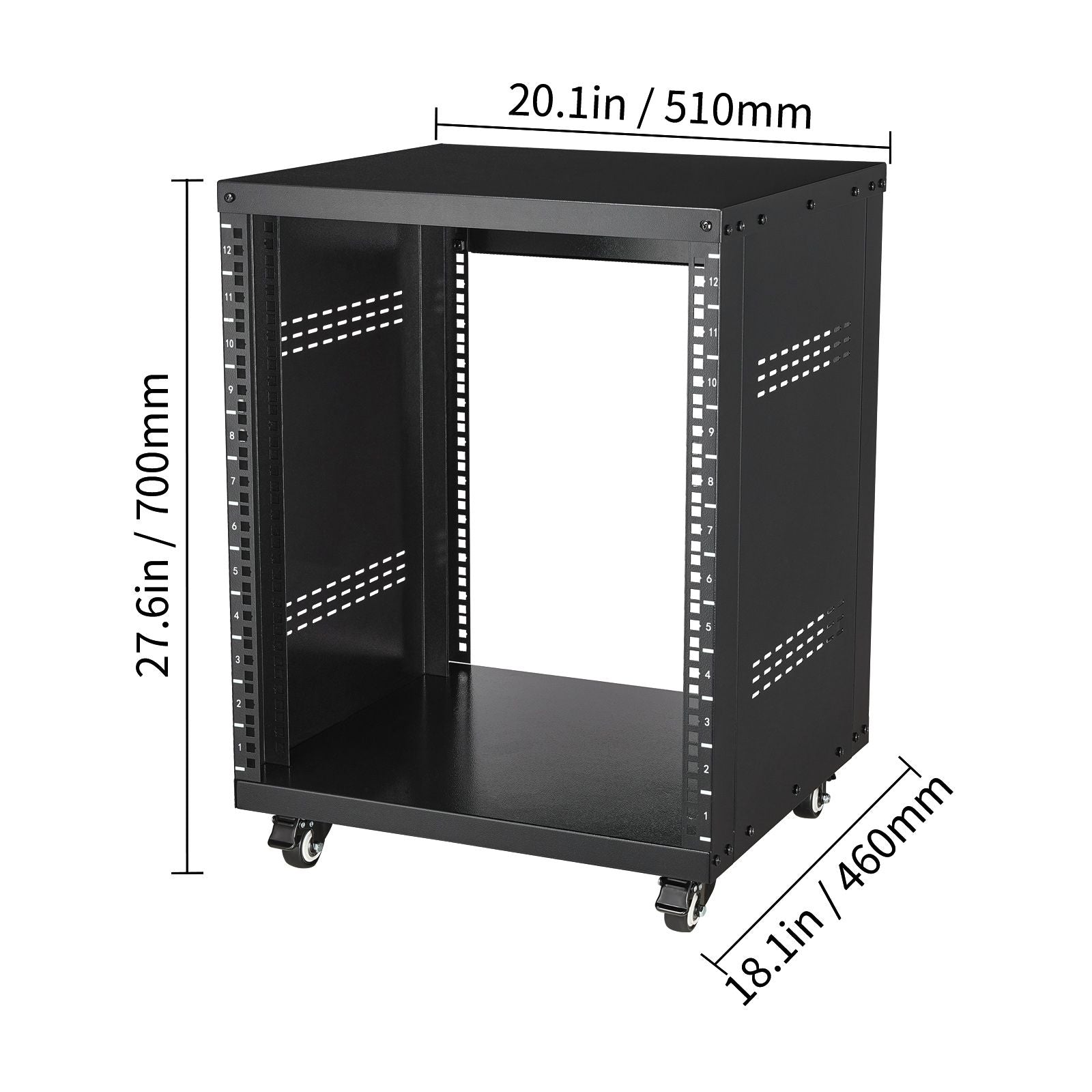 12U AV Rack Stand, 136.08kg Capacity, Network Stereo Recording Studio Rack with Lockable Caster Wheels Round & Square Holes, Special Vent for 482.6 mm Audio Video Musical & IT Equipment Mounting
