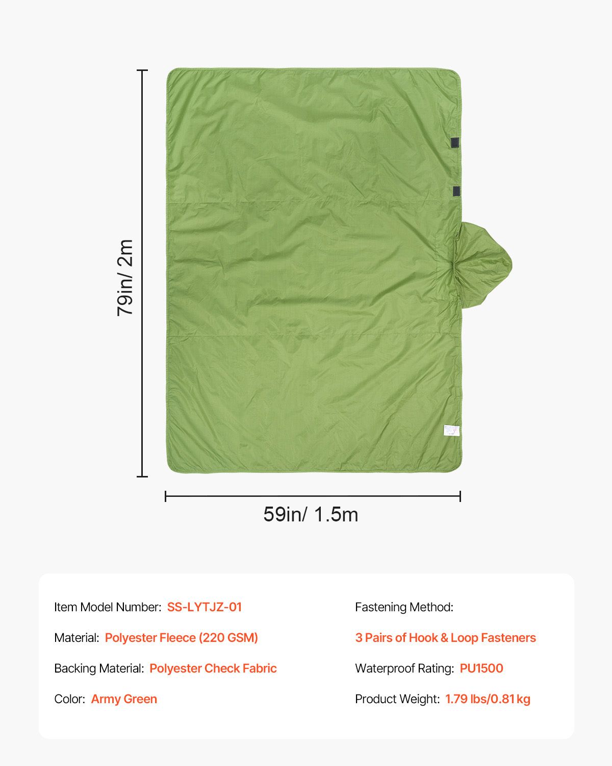 Camping Blanket 2 m x 1.5 m Wearable Warm Stadium Blanket Army Green