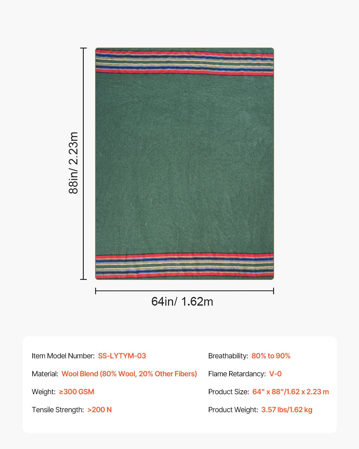 Wool Camping Blanket 1.62 m x 2.23 m for Camping Hiking Travel Texture