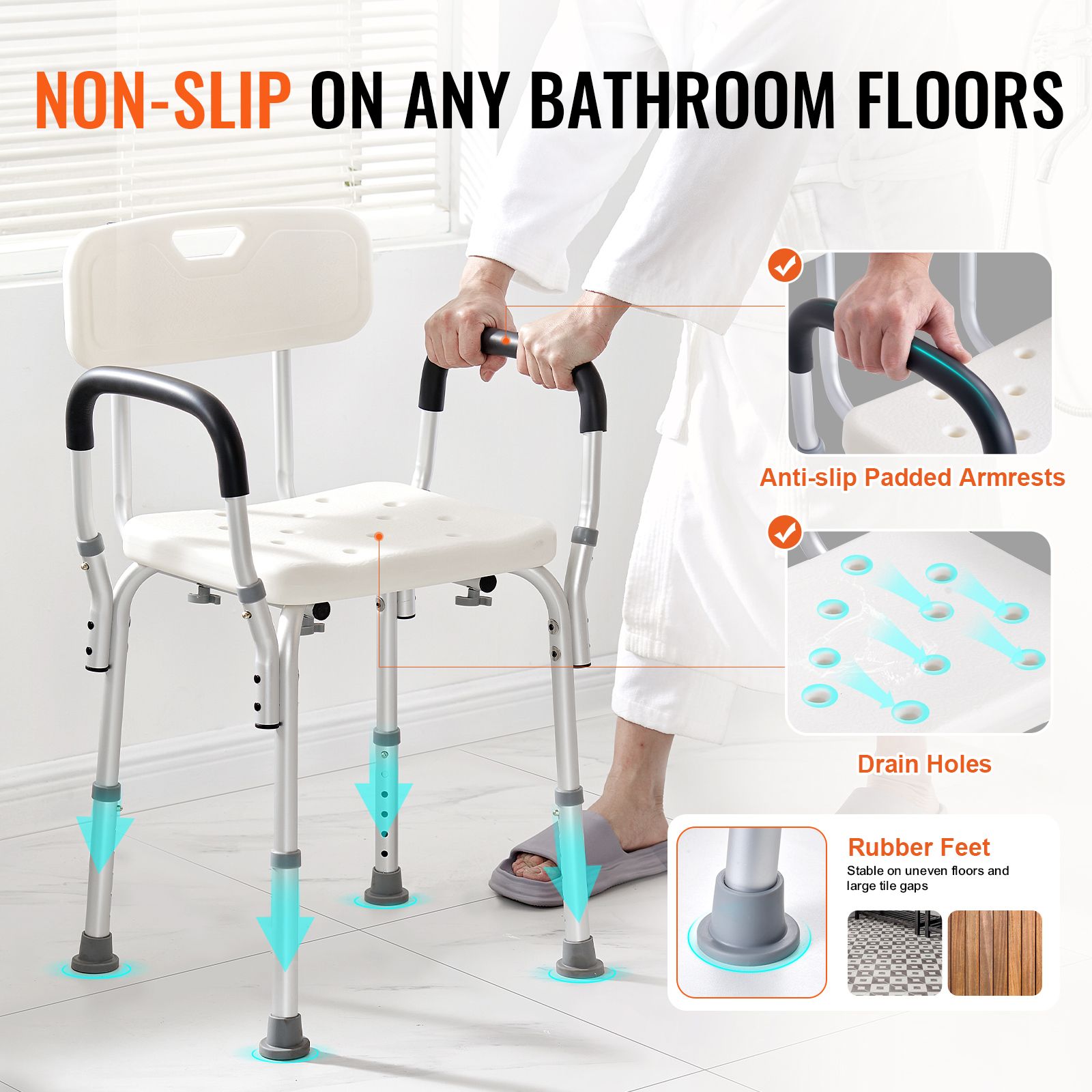 Shower Chair, Shower Seat with Back, Adjustable Height Shower Stool, Shower Chair for Inside Shower Bathtub, Non-slip Bathroom Bench Bath Chair for Elderly Disabled Handicap, 158.8 kg Capacity
