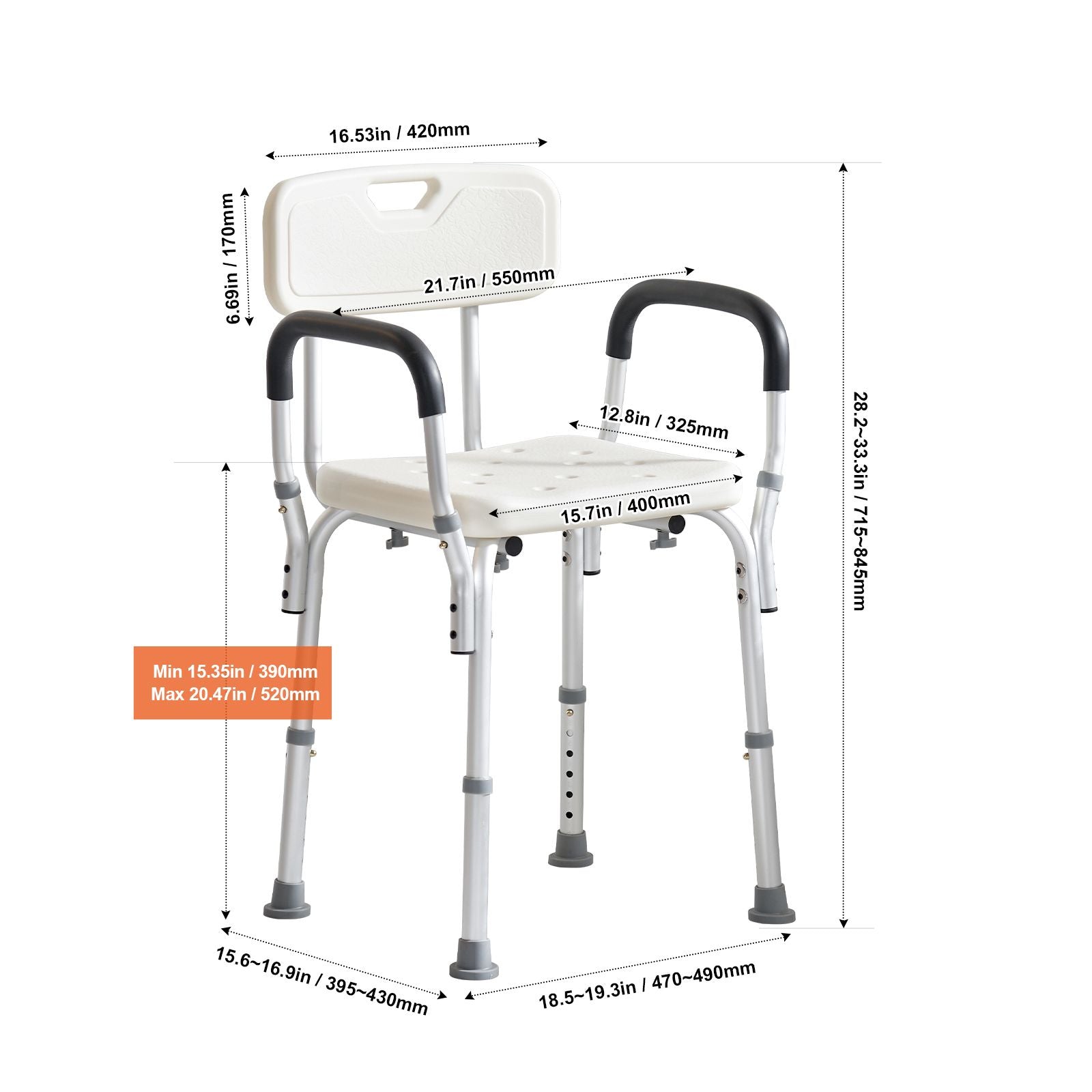 Shower Chair, Shower Seat with Back, Adjustable Height Shower Stool, Shower Chair for Inside Shower Bathtub, Non-slip Bathroom Bench Bath Chair for Elderly Disabled Handicap, 158.8 kg Capacity
