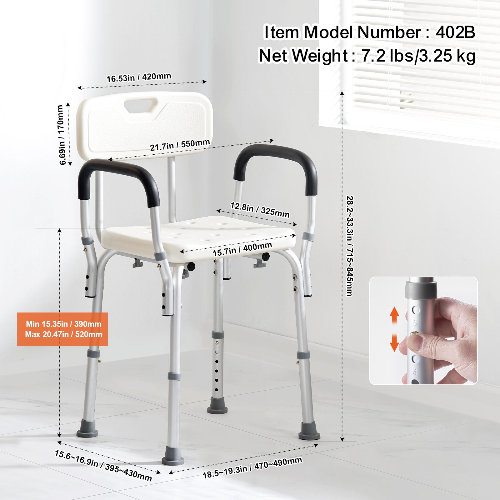 Shower Chair, Shower Seat with Back, Adjustable Height Shower Stool, Shower Chair for Inside Shower Bathtub, Non-slip Bathroom Bench Bath Chair for Elderly Disabled Handicap, 158.8 kg Capacity